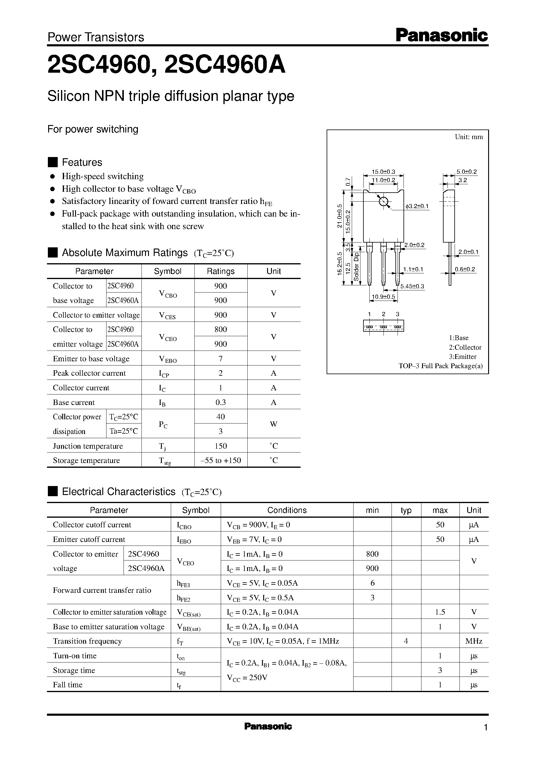 Datasheet 2SC4960A page 1 Datasheet 2SC4960A - Silicon NPN triple diffusion planar type(For power switching) page 1