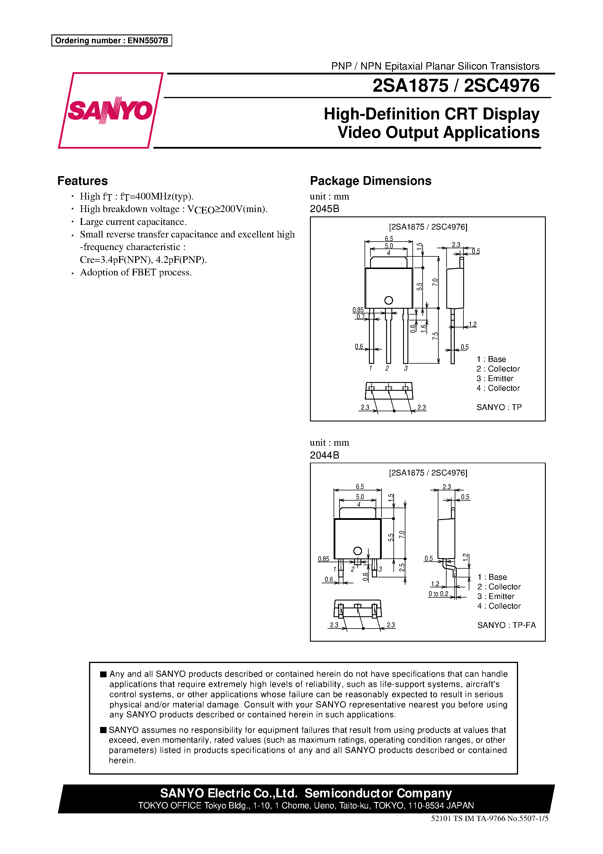Datasheet 2SC4976 page 1 Datasheet 2SC4976 - High-Definition CRT Display Video Output Applications page 1