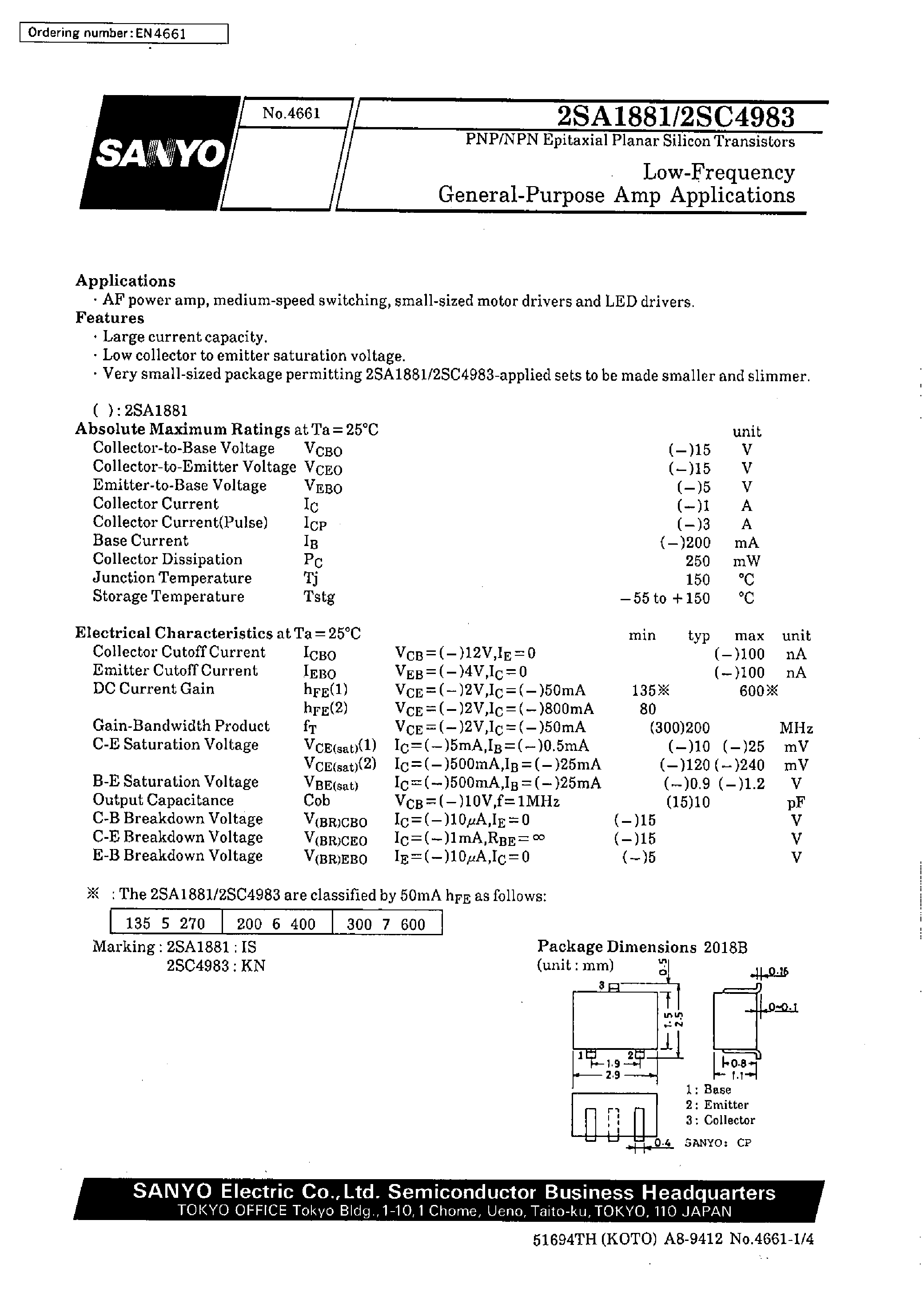 Datasheet 2SC4983 page 1 Datasheet 2SC4983 - Low-Frequency General-Purpose Amp Applications page 1
