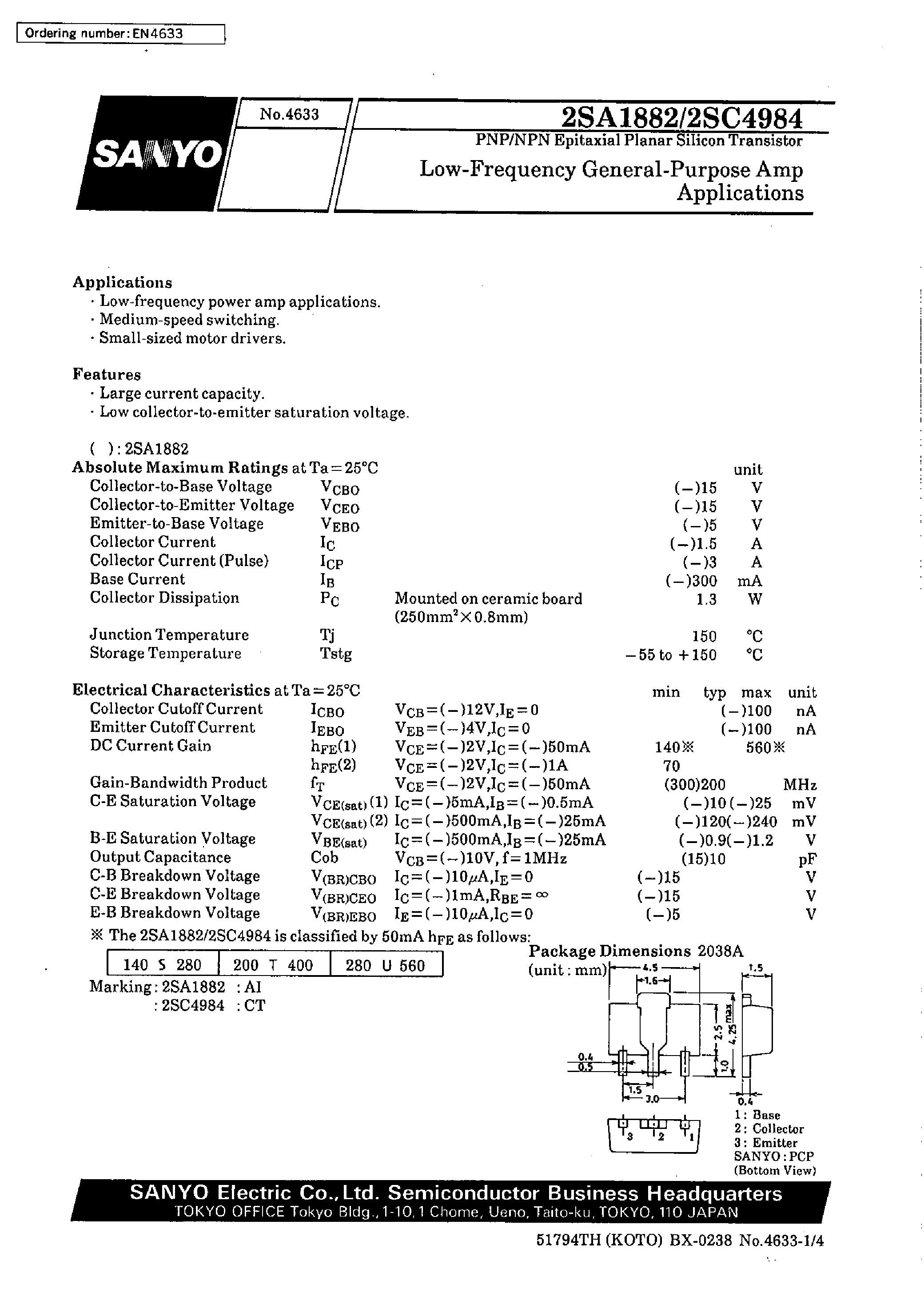 Datasheet 2SC4984 page 1 Datasheet 2SC4984 - Low-Frequency General-Purpose Amp Applications page 1