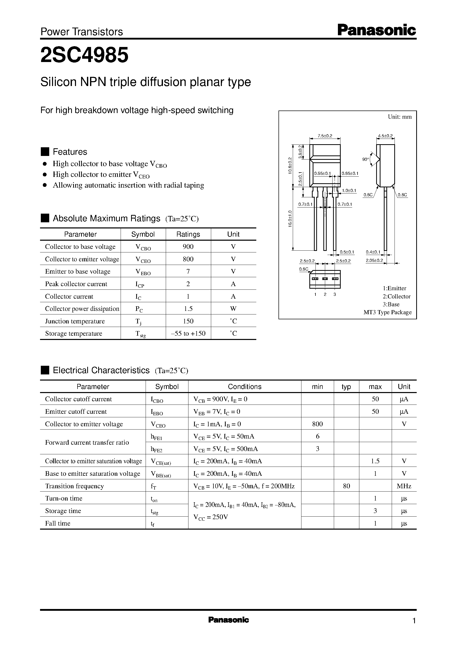 Datasheet 2SC4985 page 1 Datasheet 2SC4985 - Silicon NPN triple diffusion planar type(For high breakdown voltage high-speed switching) page 1