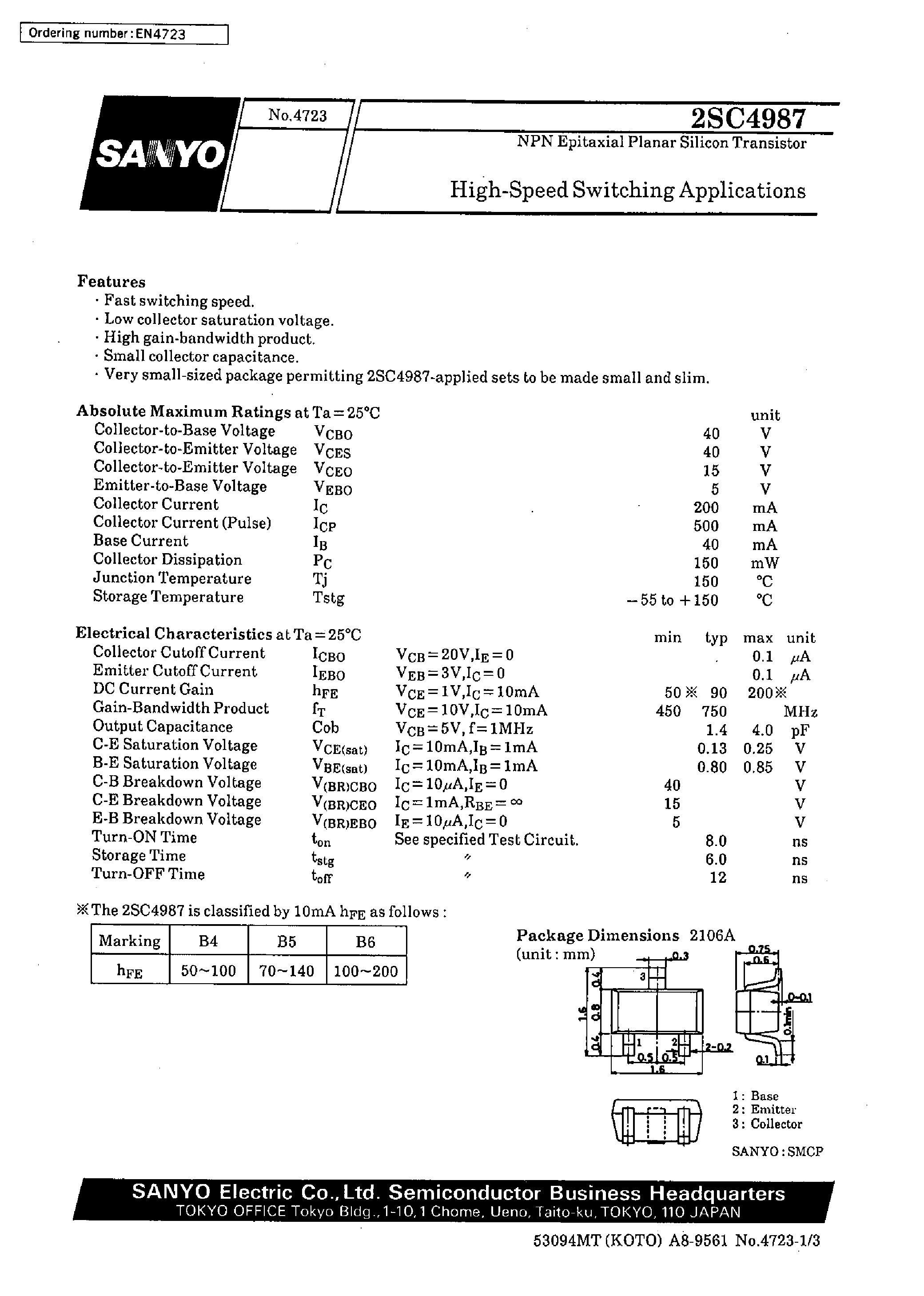 Datasheet 2SC4987 page 1 Datasheet 2SC4987 - High-Speed Switching Applications page 1