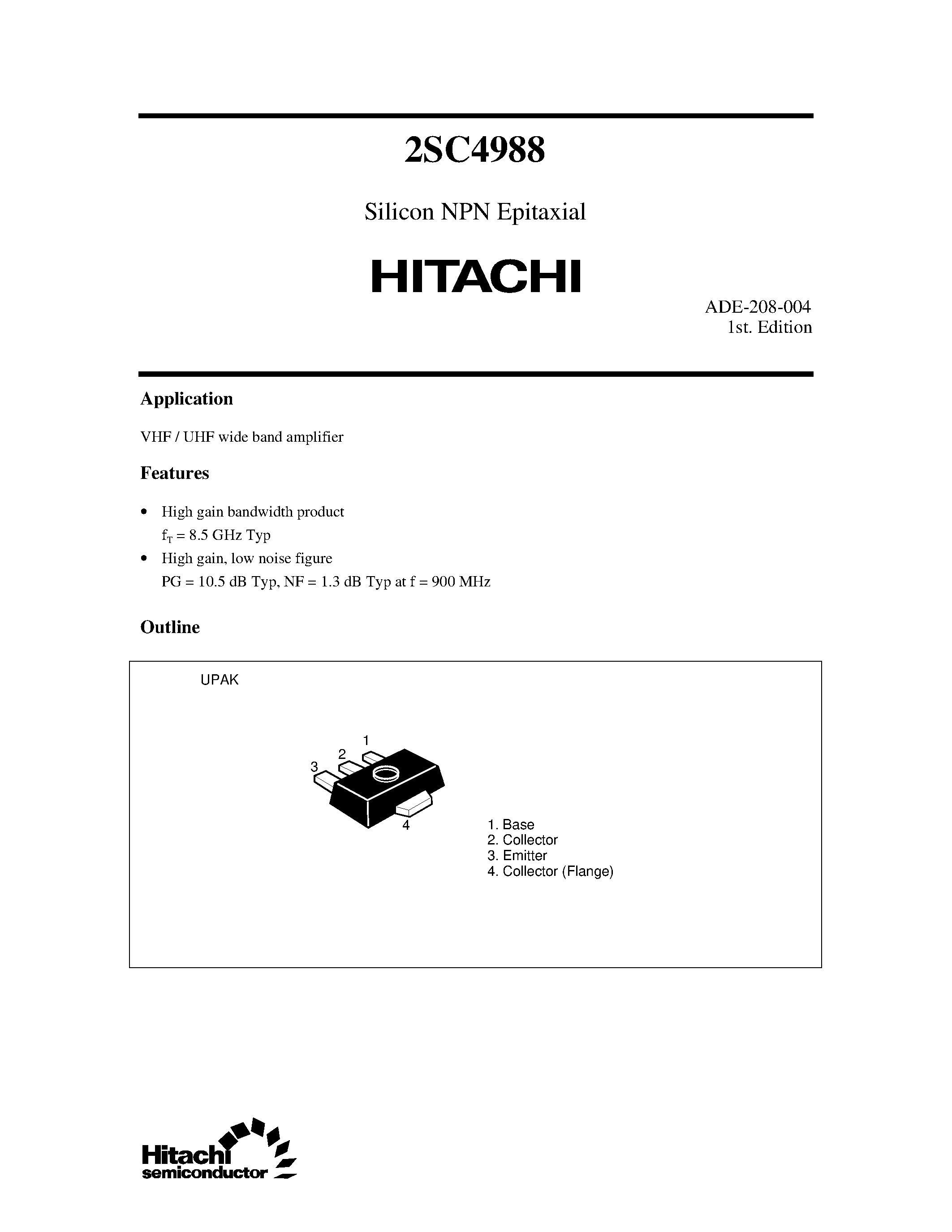 Datasheet 2SC4988 page 1 Datasheet 2SC4988 - Silicon NPN Epitaxial page 1