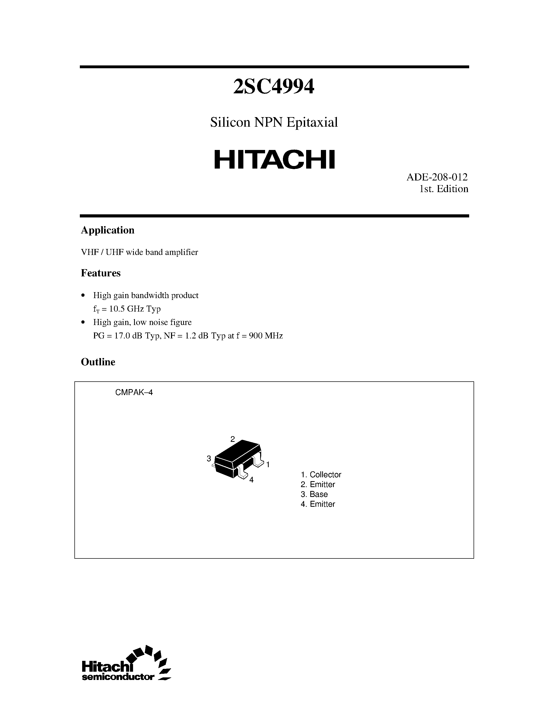 Даташит 2SC4994 - Silicon NPN Epitaxial страница 1