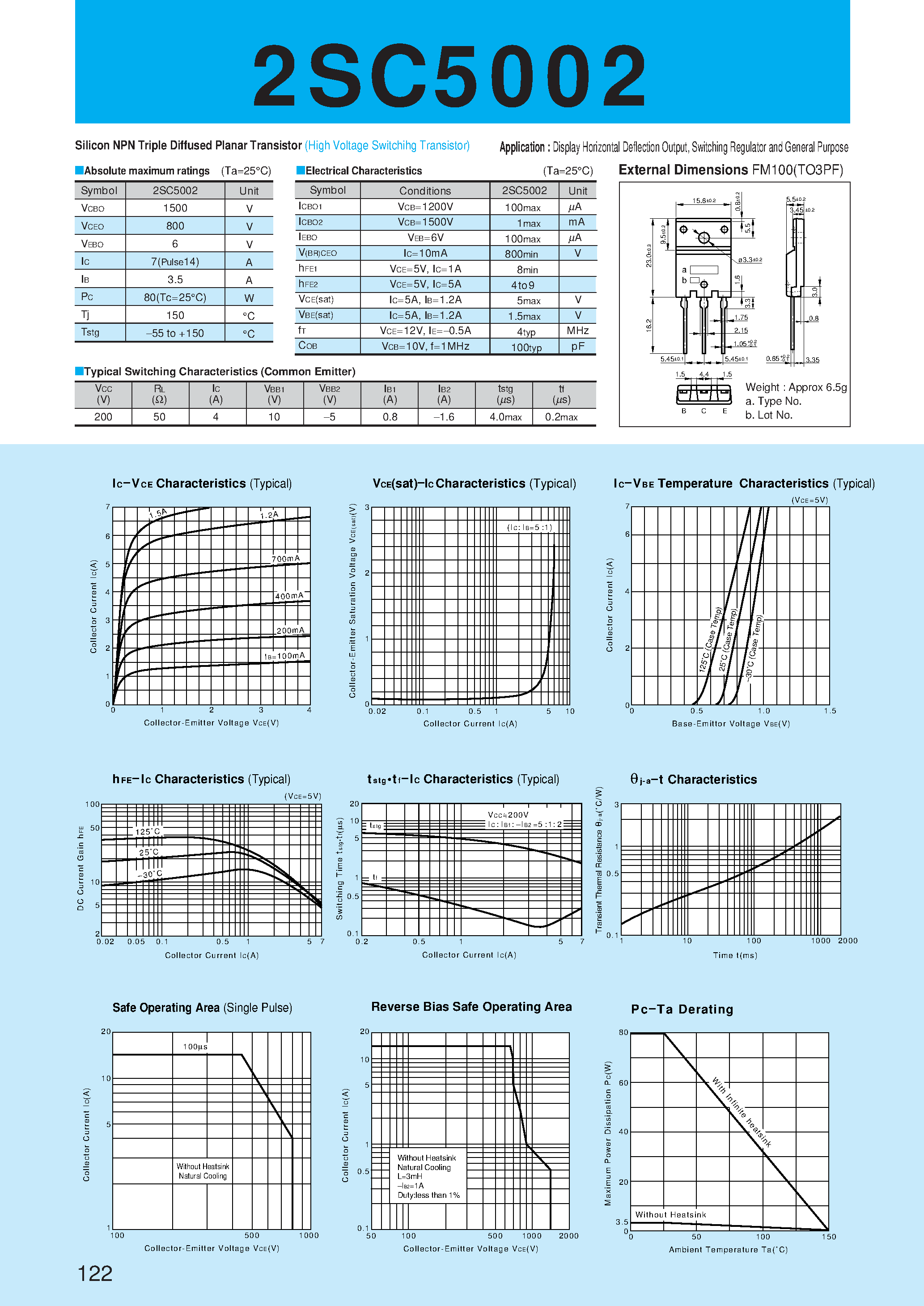 Даташит на микросхему 2SC5002 страница 1 Даташит 2SC5002 - Silicon NPN Triple Diffused Planar Transistor(Display Horizontal Deflection Output/ Switching Regulator and General Purpose) страница 1