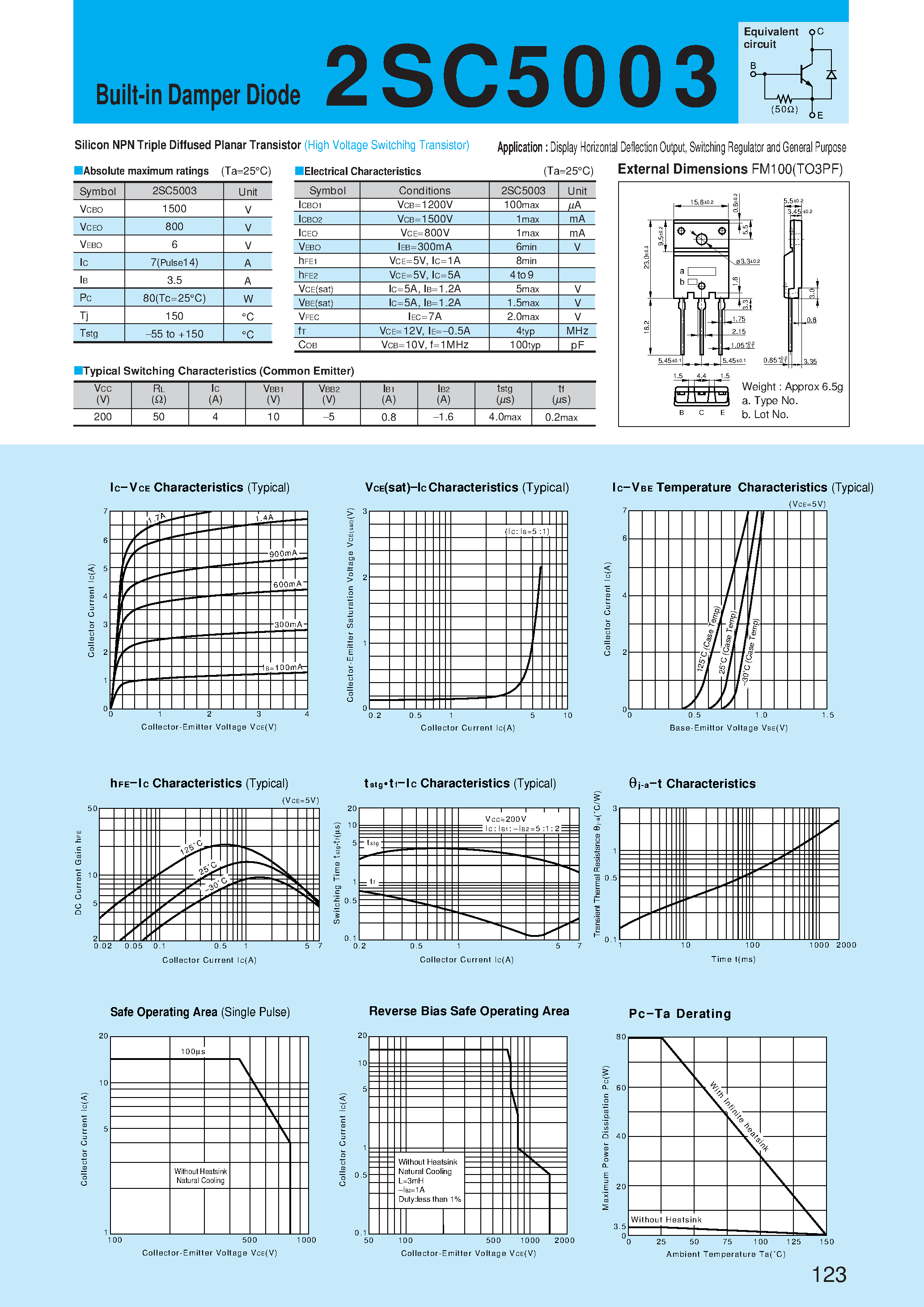 Даташит на микросхему 2SC5003 страница 1 Даташит 2SC5003 - Silicon NPN Triple Diffused Planar Transistor(Display Horizontal Deflection Output/ Switching Regulator and General Purpose) страница 1