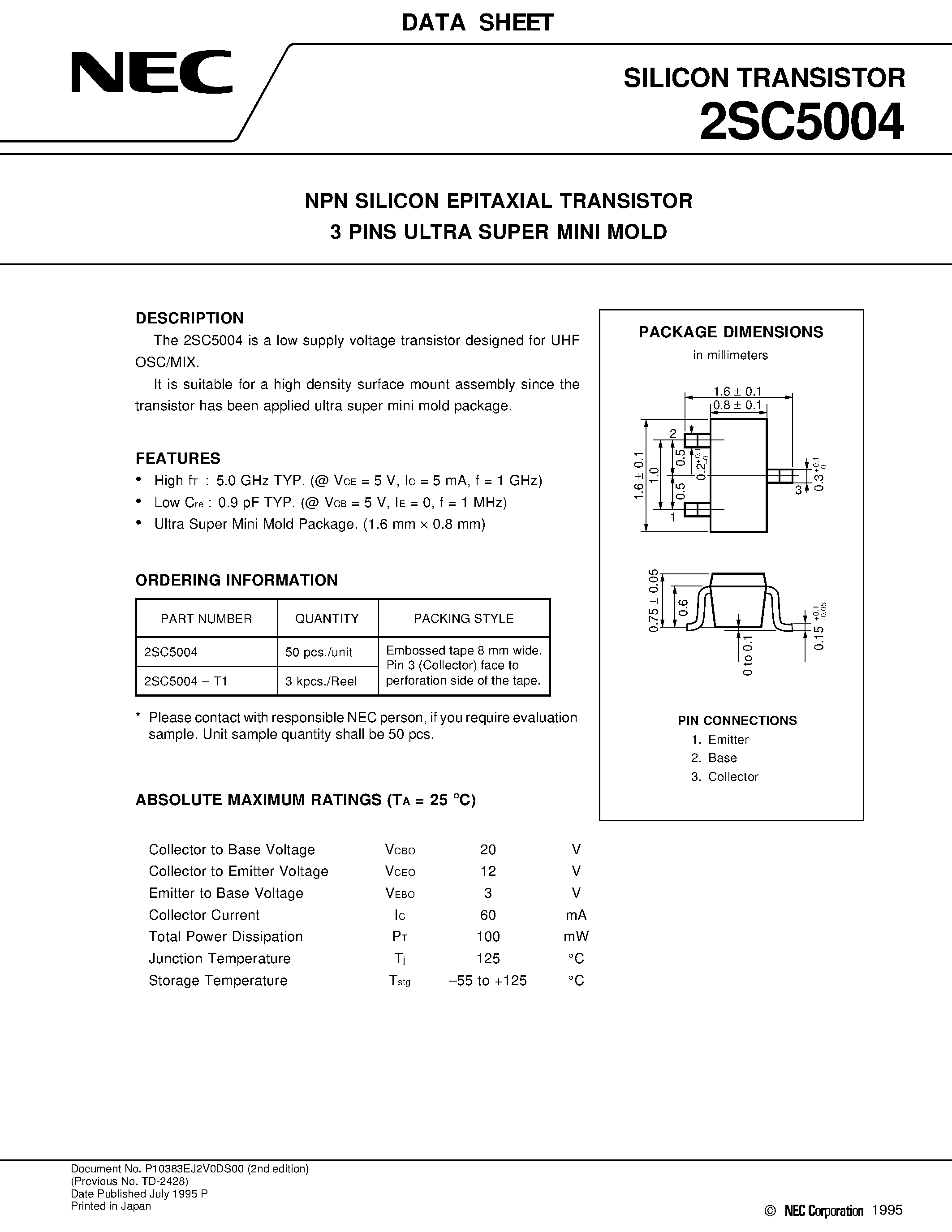 Datasheet 2SC5004-T1 - NPN SILICON EPITAXIAL TRANSISTOR 3 PINS ULTRA SUPER MINI MOLD page 1