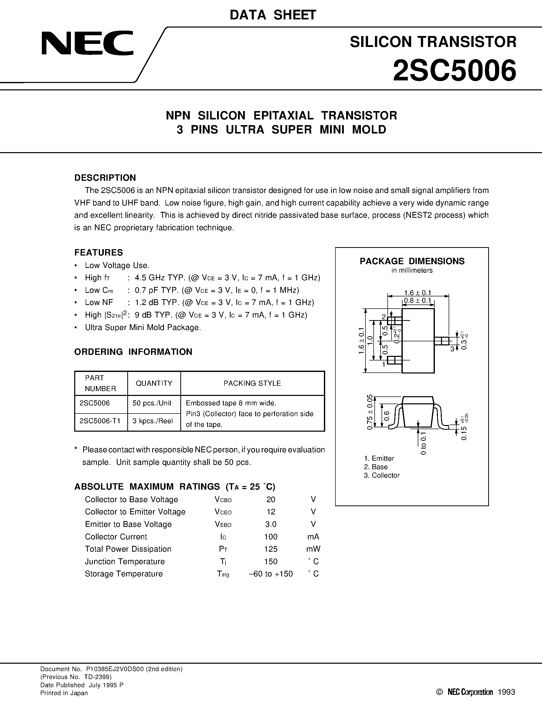 Datasheet 2SC5006-T1 - NPN SILICON EPITAXIAL TRANSISTOR 3 PINS ULTRA SUPER MINI MOLD page 1