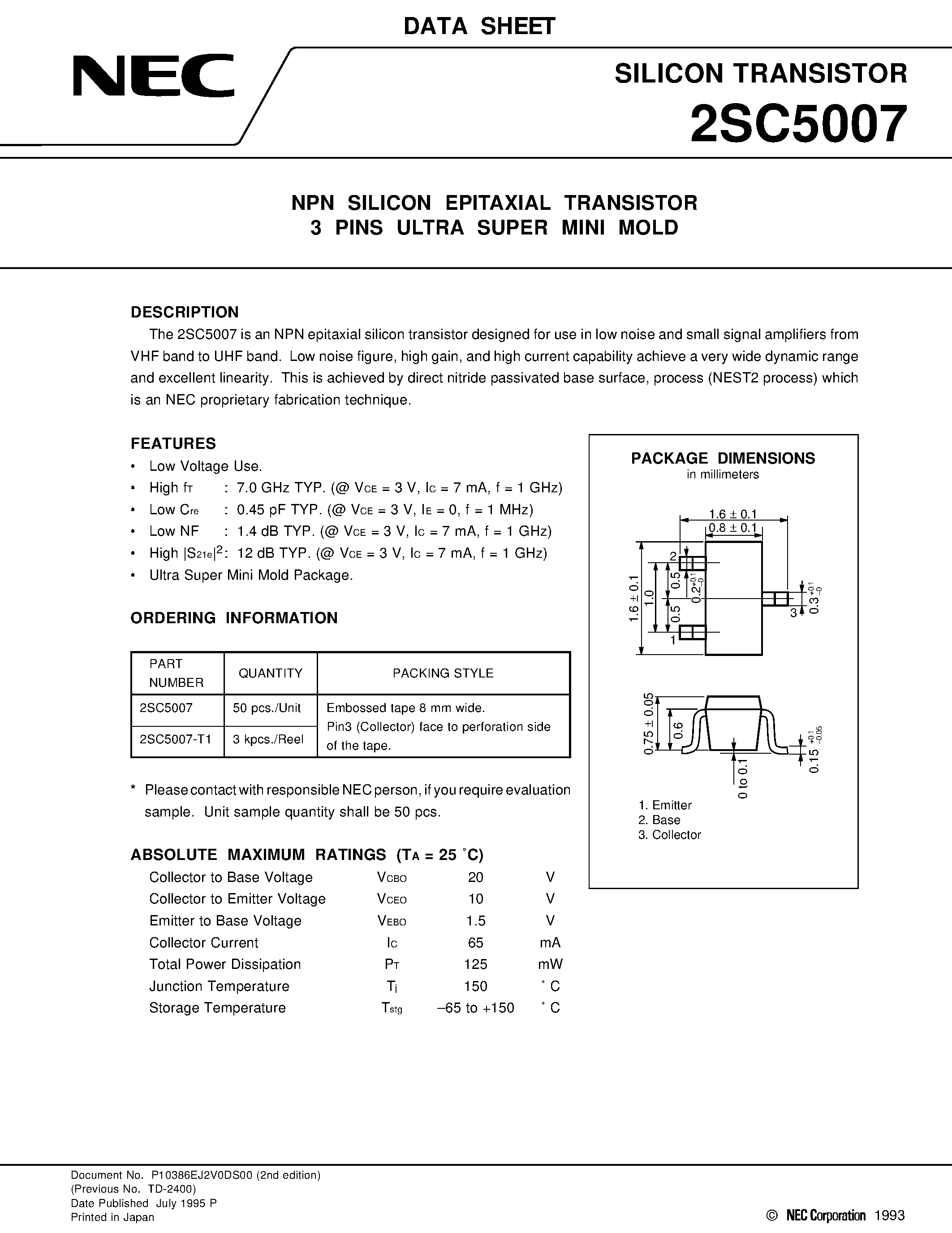 Datasheet 2SC5007 - NPN SILICON EPITAXIAL TRANSISTOR 3 PINS ULTRA SUPER MINI MOLD page 1