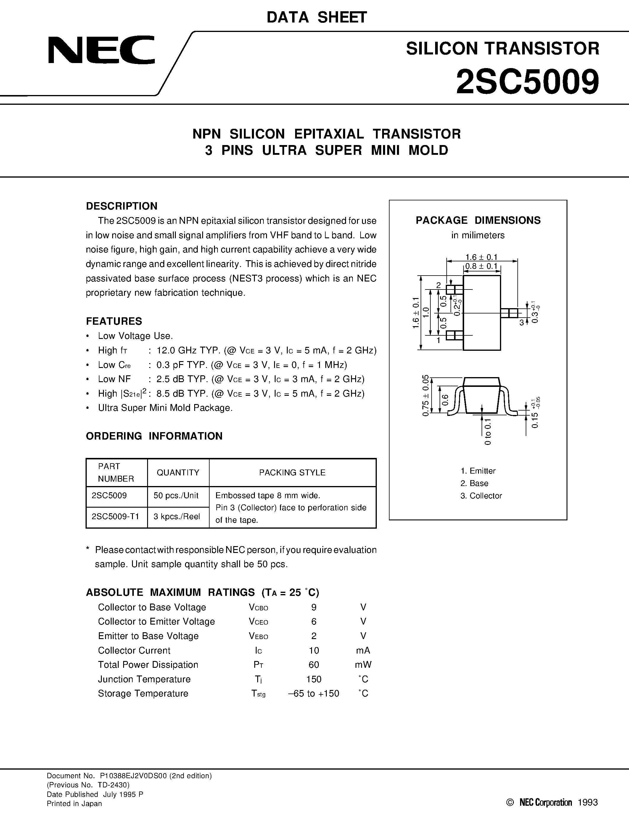 Datasheet 2SC5009-T1 - NPN SILICON EPITAXIAL TRANSISTOR 3 PINS ULTRA SUPER MINI MOLD page 1