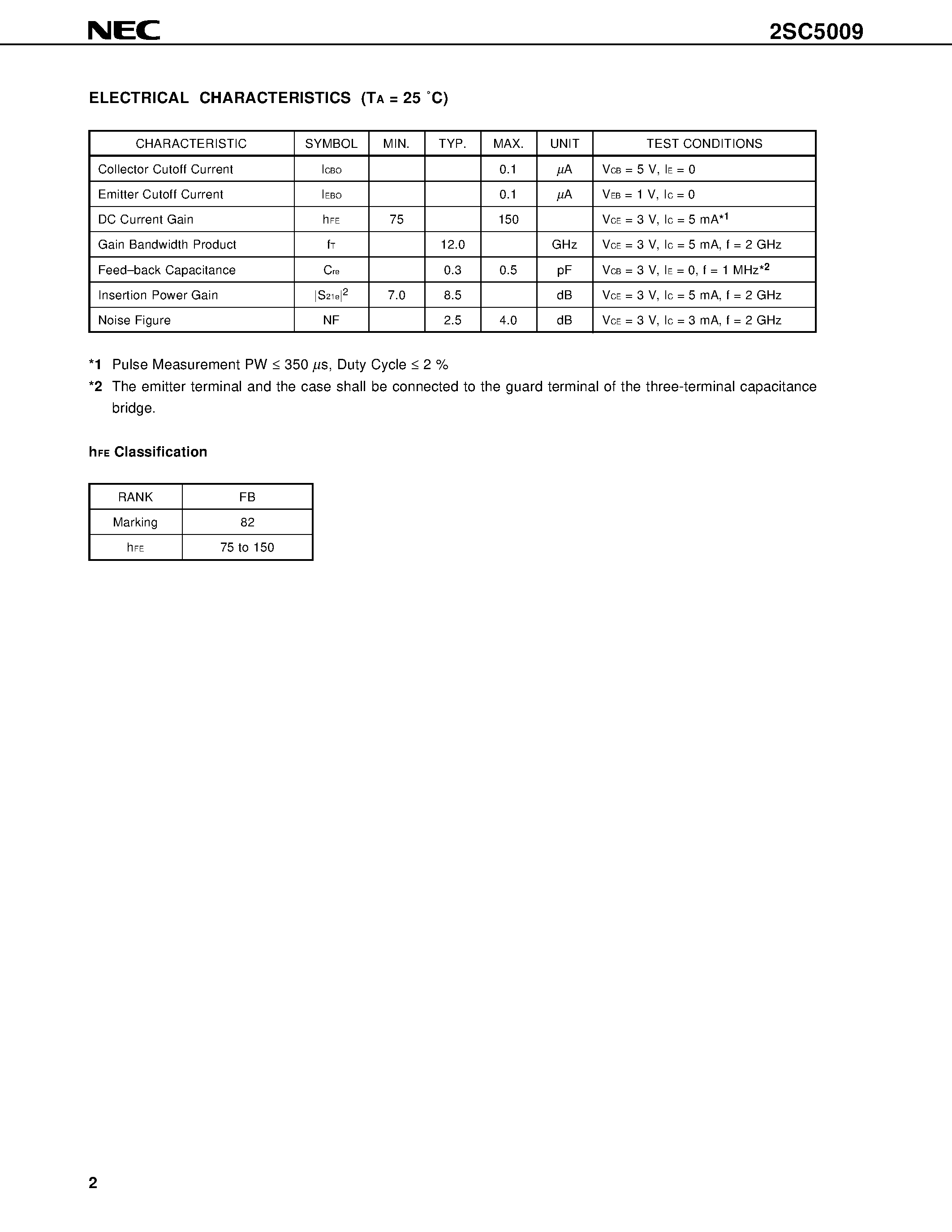 Datasheet 2SC5009-T1 - NPN SILICON EPITAXIAL TRANSISTOR 3 PINS ULTRA SUPER MINI MOLD page 2