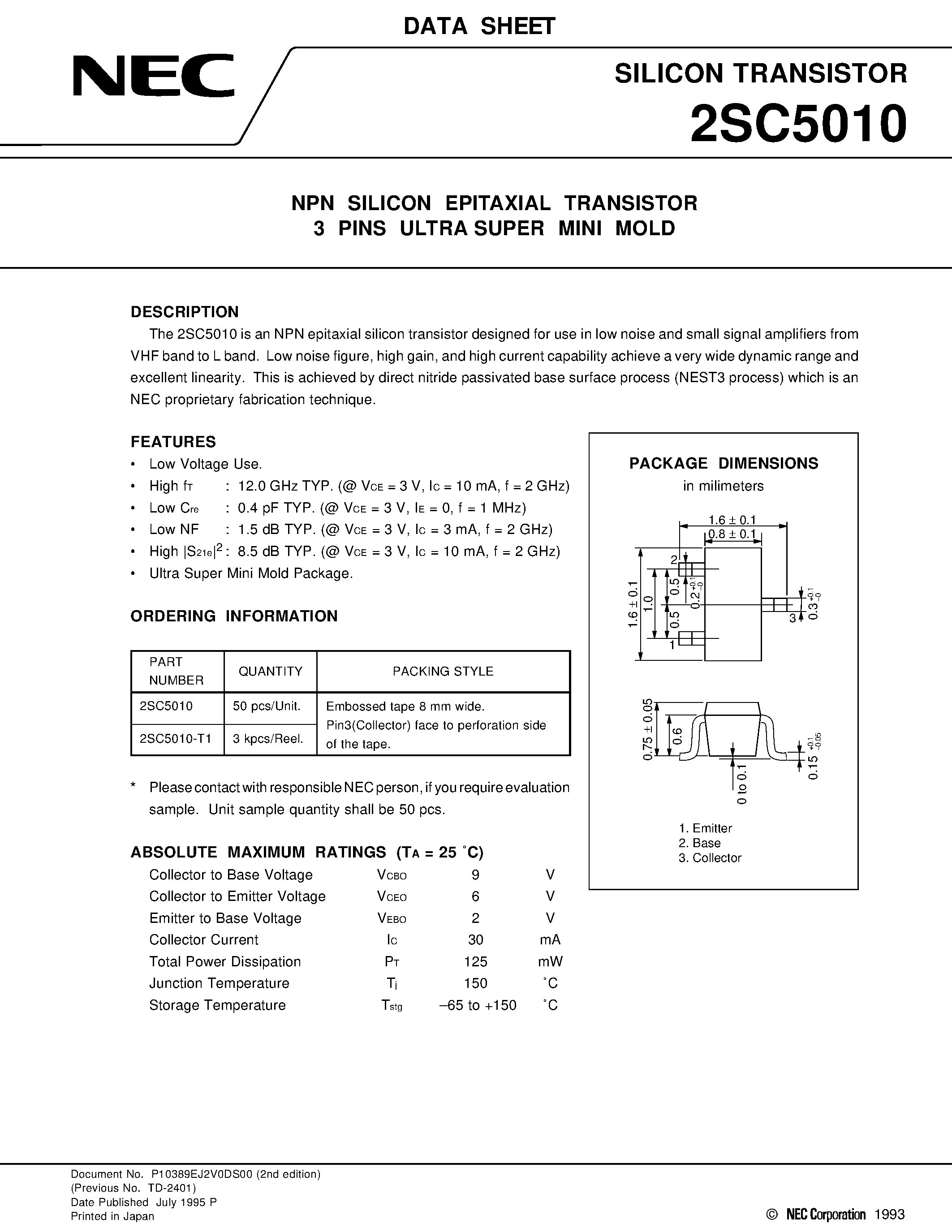Datasheet 2SC5010-T1 - NPN SILICON EPITAXIAL TRANSISTOR 3 PINS ULTRA SUPER MINI MOLD page 1