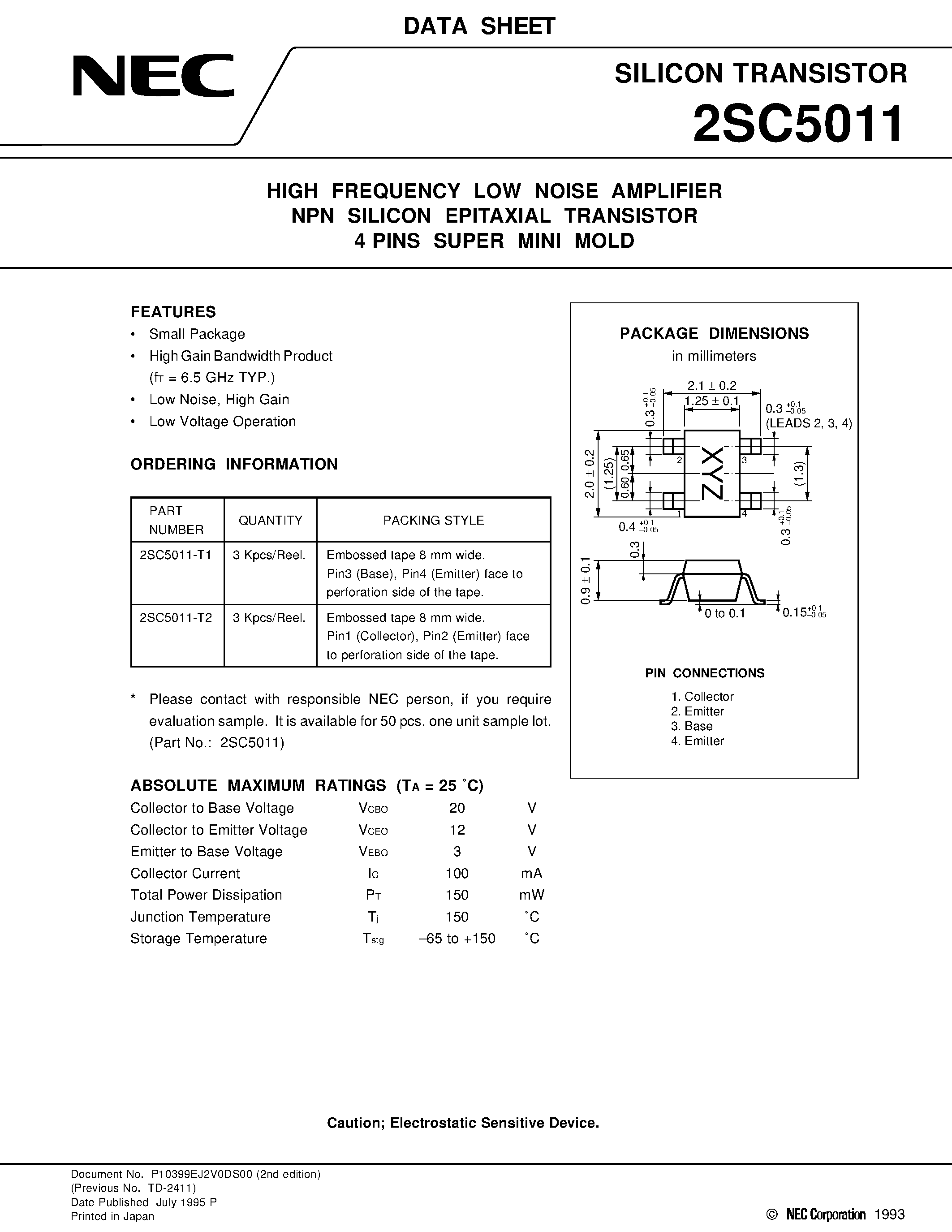 Datasheet 2SC5011-T1 - HIGH FREQUENCY LOW NOISE AMPLIFIER NPN SILICON EPITAXIAL TRANSISTOR 4 PINS SUPER MINI MOLD page 1