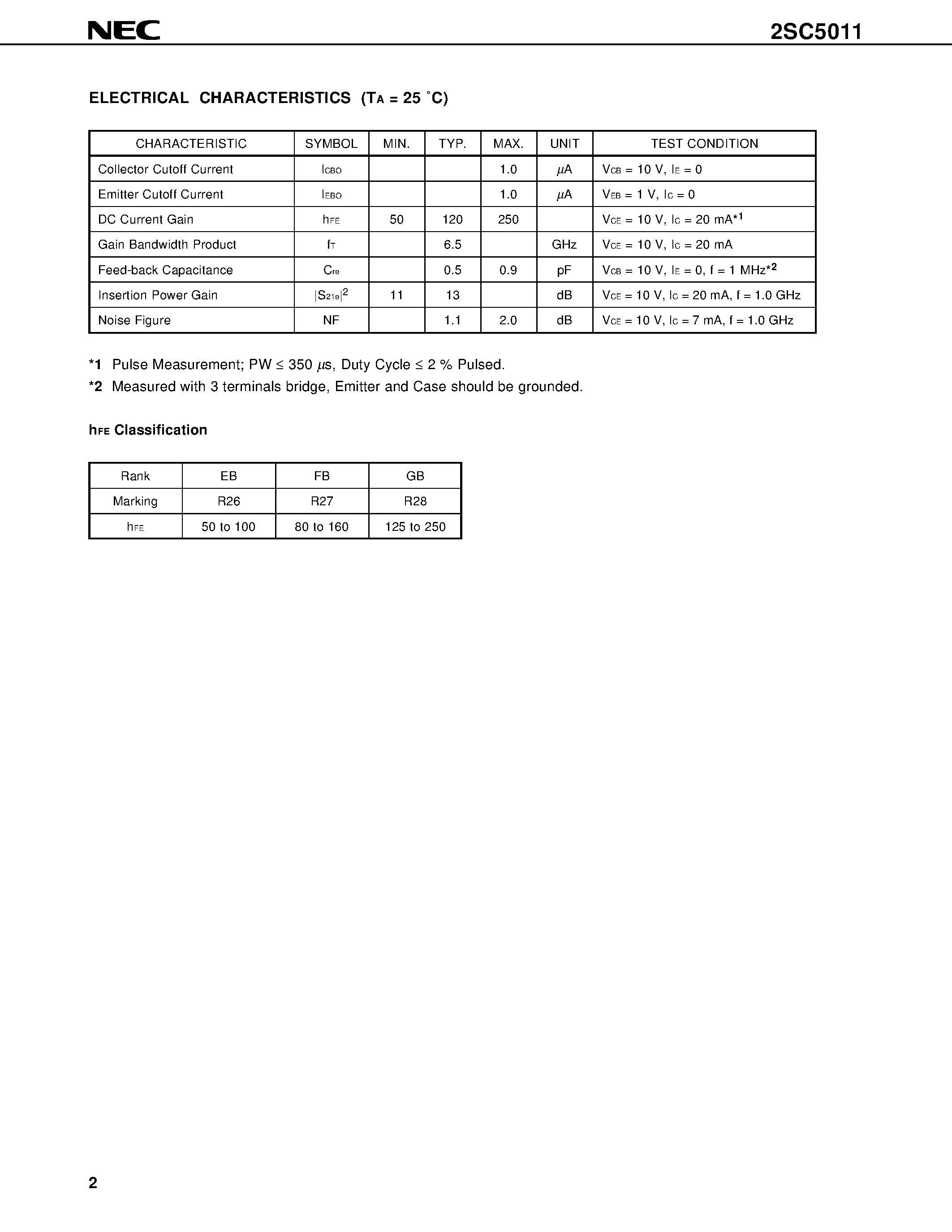 Datasheet 2SC5011-T1 - HIGH FREQUENCY LOW NOISE AMPLIFIER NPN SILICON EPITAXIAL TRANSISTOR 4 PINS SUPER MINI MOLD page 2