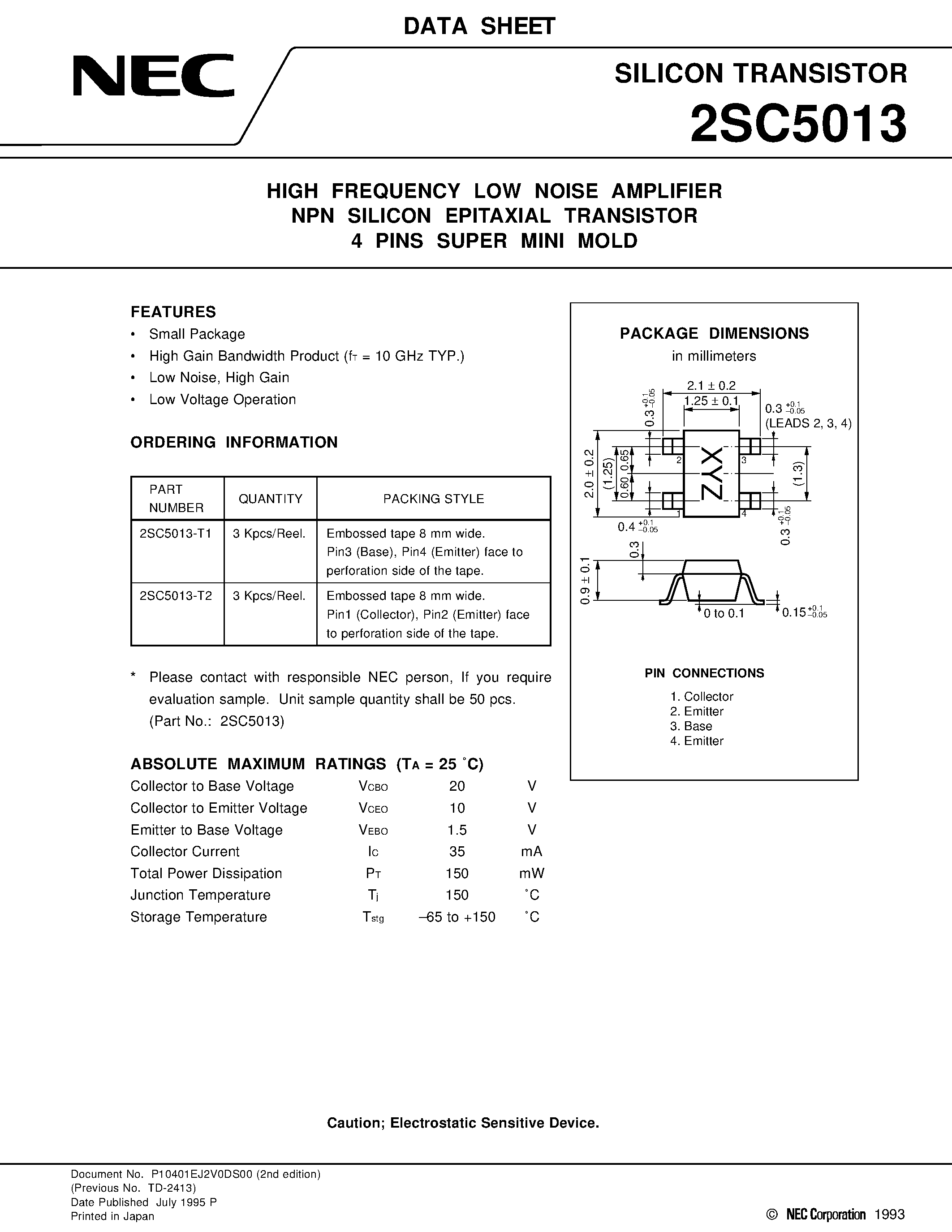 Datasheet 2SC5013-T2 - HIGH FREQUENCY LOW NOISE AMPLIFIER NPN SILICON EPITAXIAL TRANSISTOR 4 PINS SUPER MINI MOLD page 1