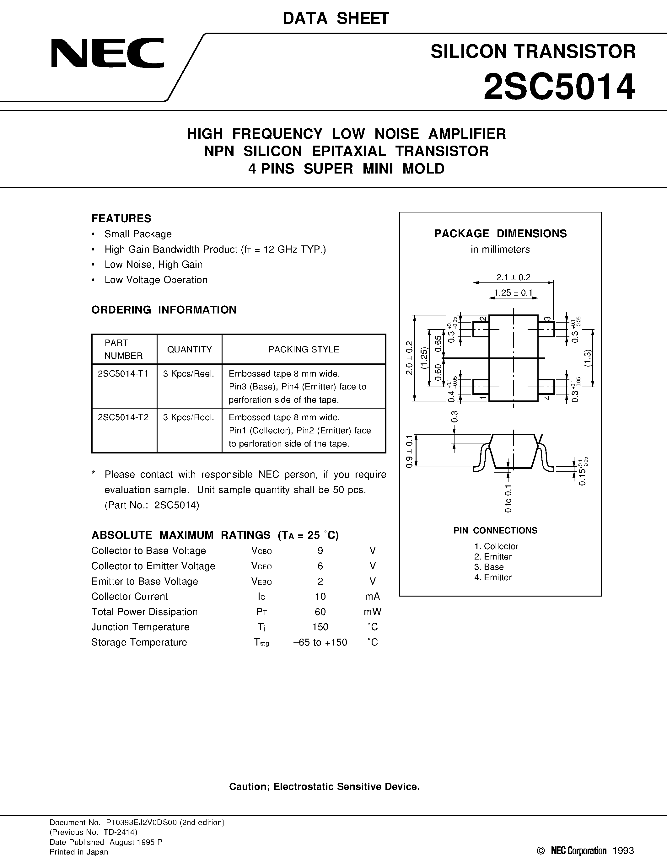 Datasheet 2SC5014-T1 - HIGH FREQUENCY LOW NOISE AMPLIFIER NPN SILICON EPITAXIAL TRANSISTOR 4 PINS SUPER MINI MOLD page 1