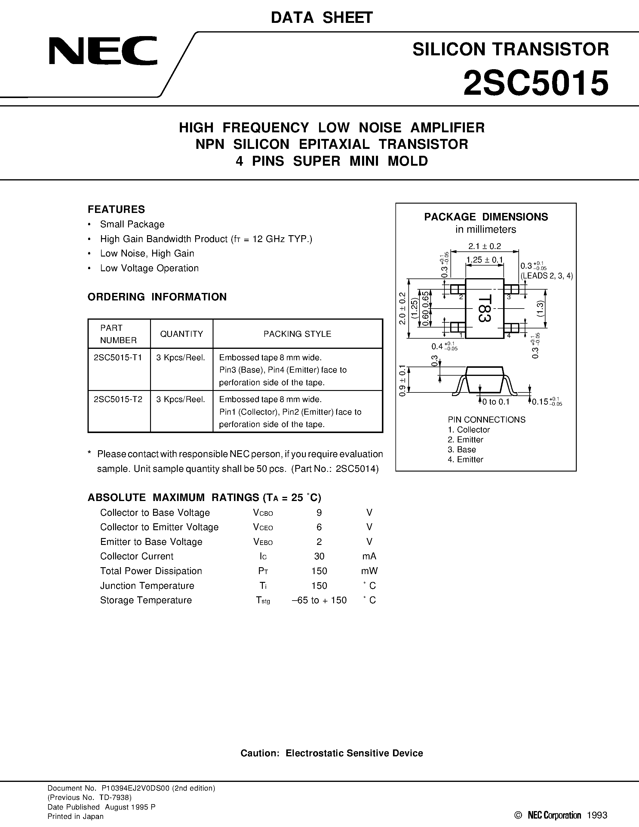 Datasheet 2SC5015 - HIGH FREQUENCY LOW NOISE AMPLIFIER NPN SILICON EPITAXIAL TRANSISTOR 4 PINS SUPER MINI MOLD page 1