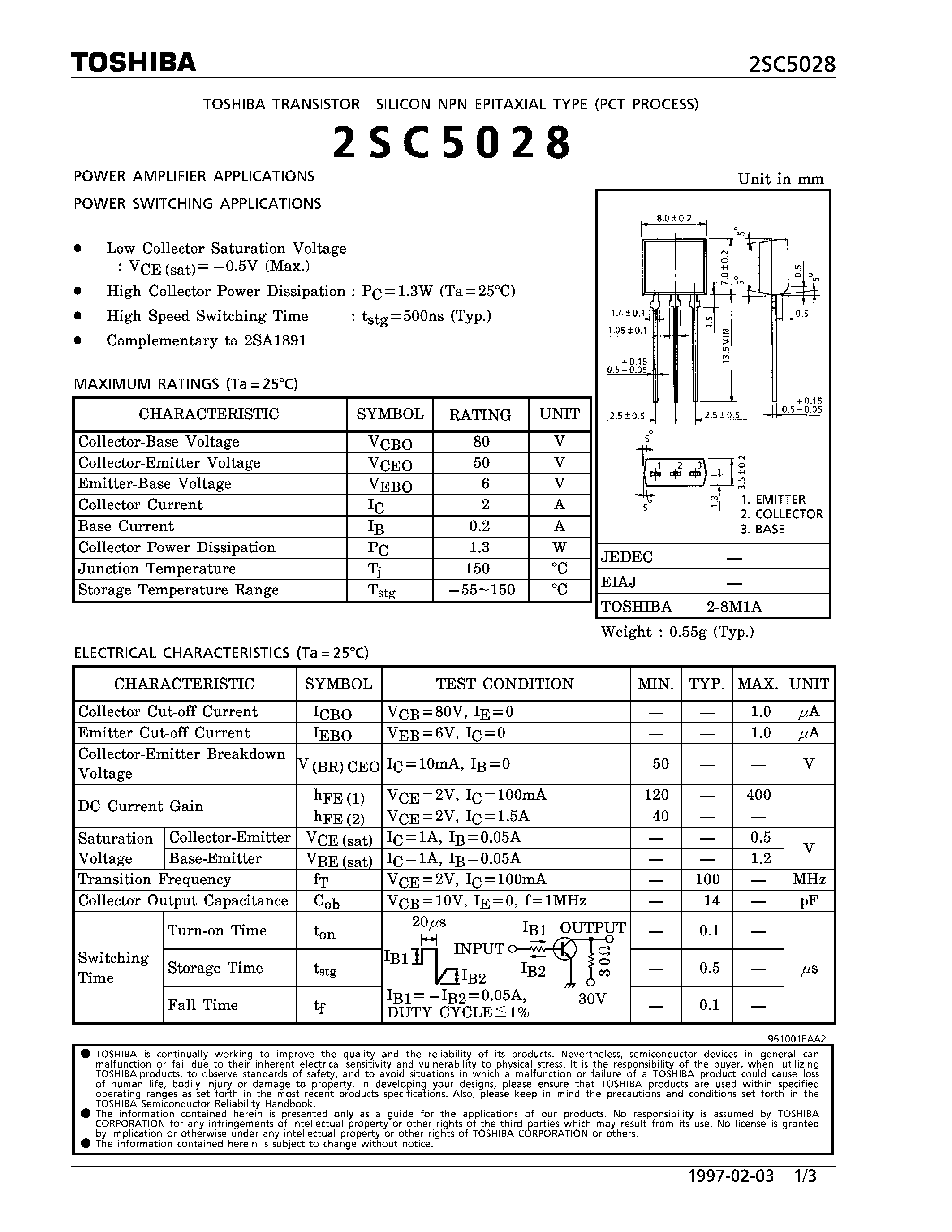 Даташит на микросхему 2SC5028 страница 1 Даташит 2SC5028 - NPN EPITAXIAL TYPE (POWER AMPLIFIER/ SWITCHING APPLICATIONS) страница 1
