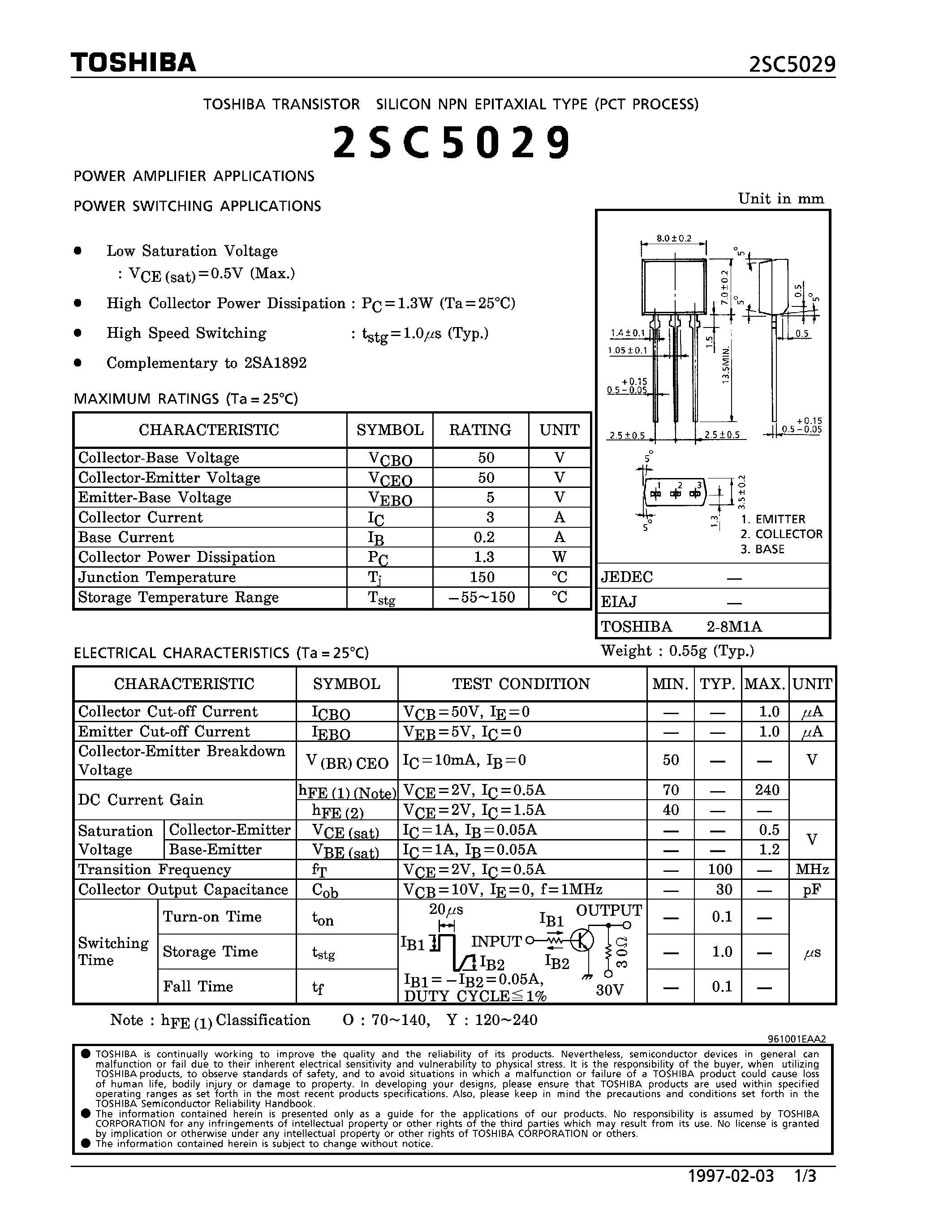 Даташит на микросхему 2SC5029 страница 1 Даташит 2SC5029 - NPN EPITAXIAL TYPE (POWER AMPLIFIER/ SWITCHING APPLICATIONS) страница 1