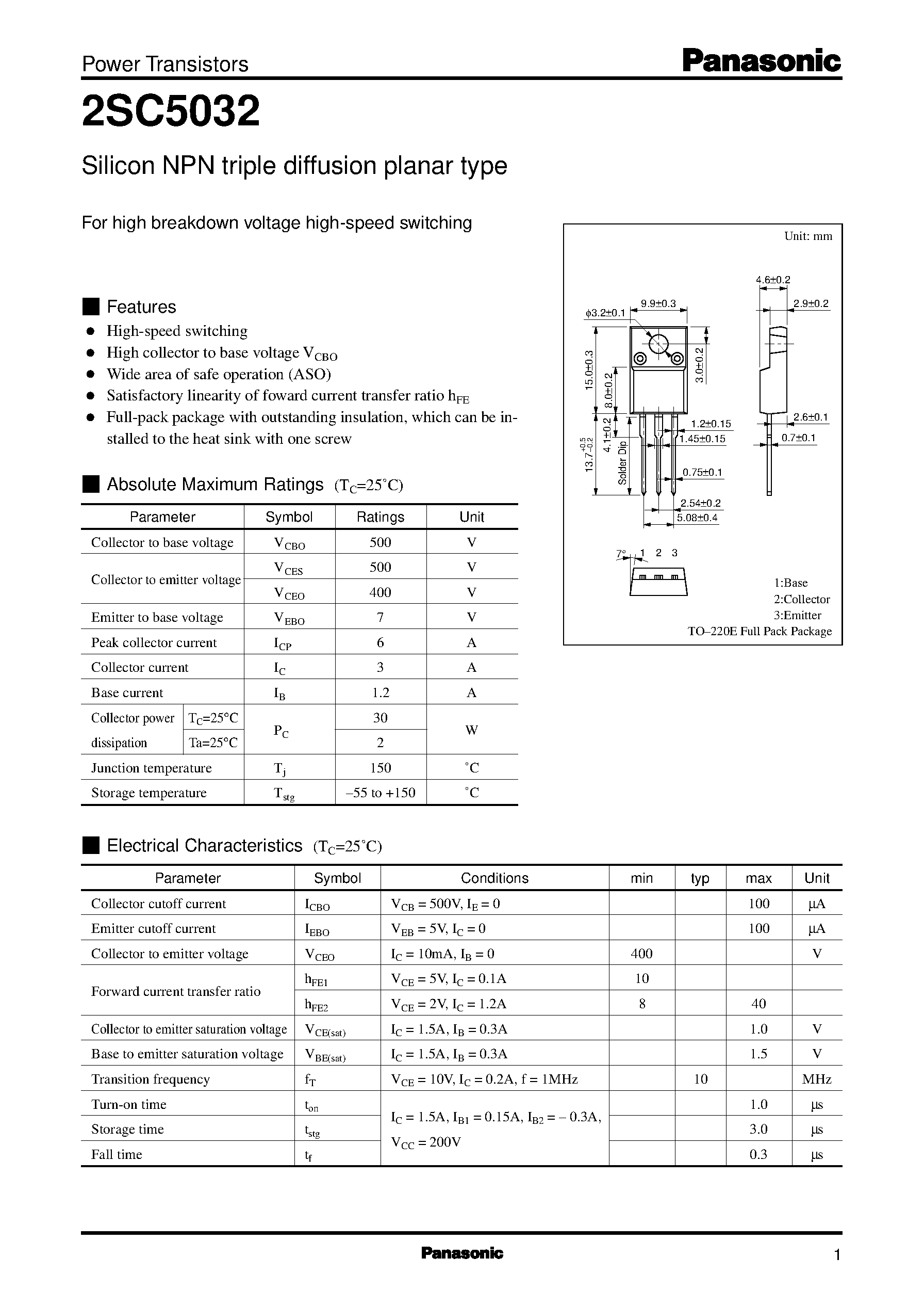 Даташит на микросхему 2SC5032 страница 1 Даташит 2SC5032 - Silicon NPN triple diffusion planar type(For high breakdown voltage high-speed switching) страница 1