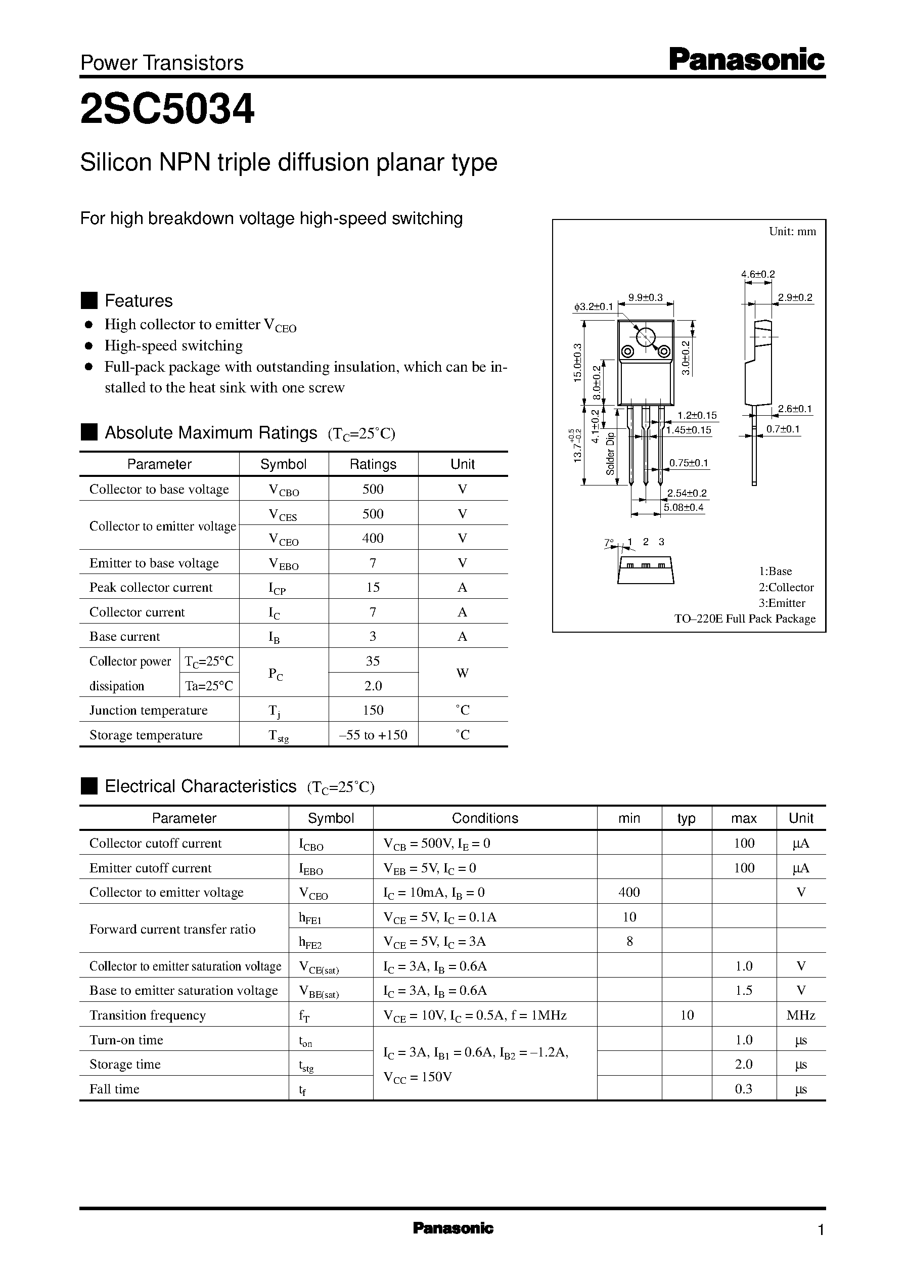 Даташит на микросхему 2SC5034 страница 1 Даташит 2SC5034 - Silicon NPN triple diffusion planar type(For high breakdown voltage high-speed switching) страница 1