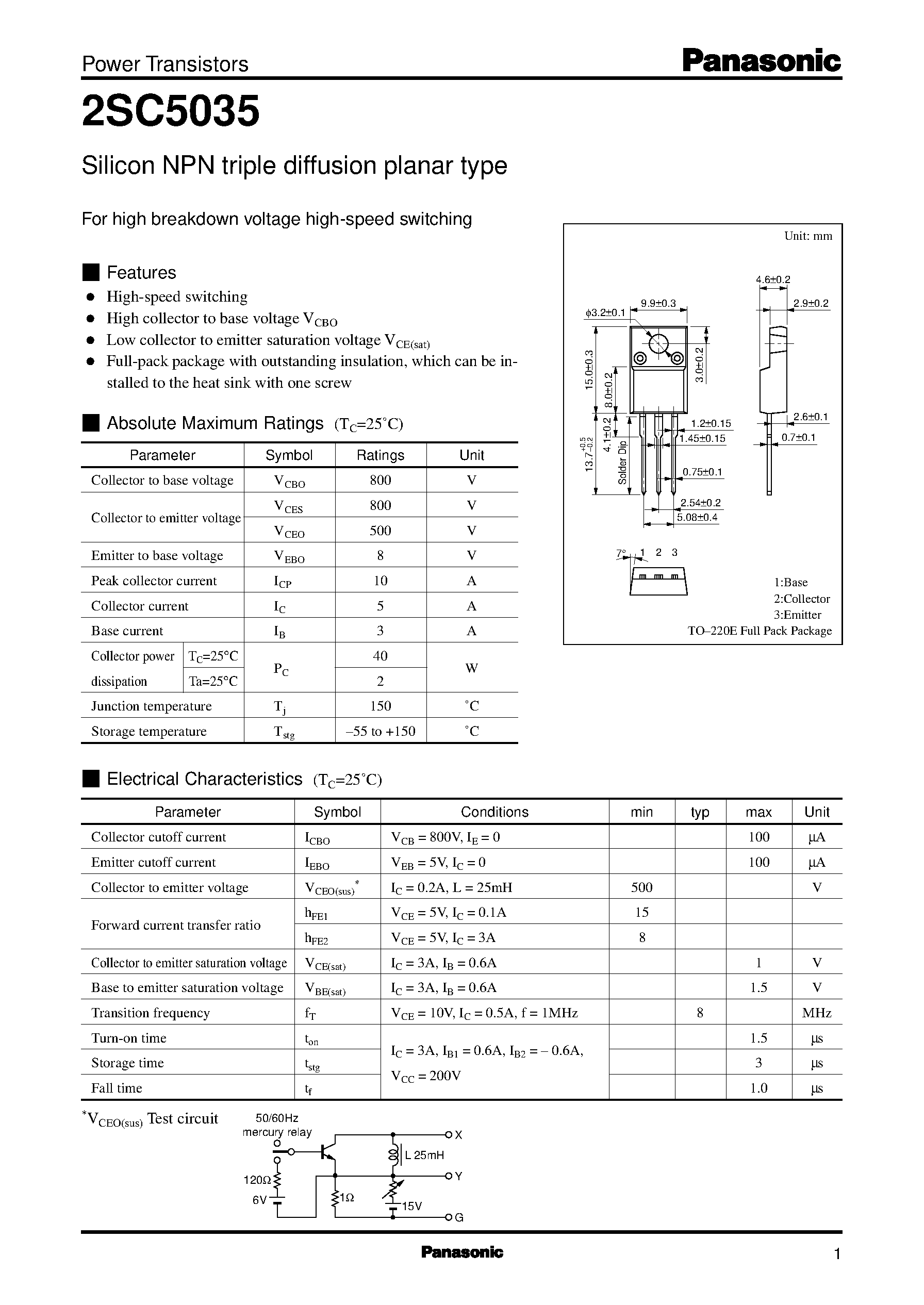 Даташит на микросхему 2SC5035 страница 1 Даташит 2SC5035 - Silicon NPN triple diffusion planar type(For high breakdown voltage high-speed switching) страница 1