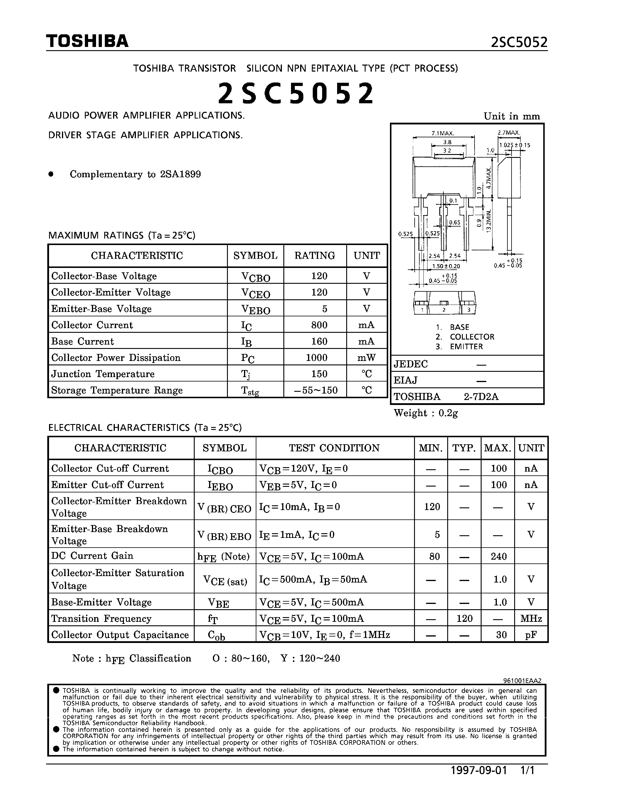 Datasheet 2SC5052 - NPN EPITAXIAL TYPE (AUDIO POWER/ DRIVER STAGE AMPLIFIER APPLICATIONS) page 1