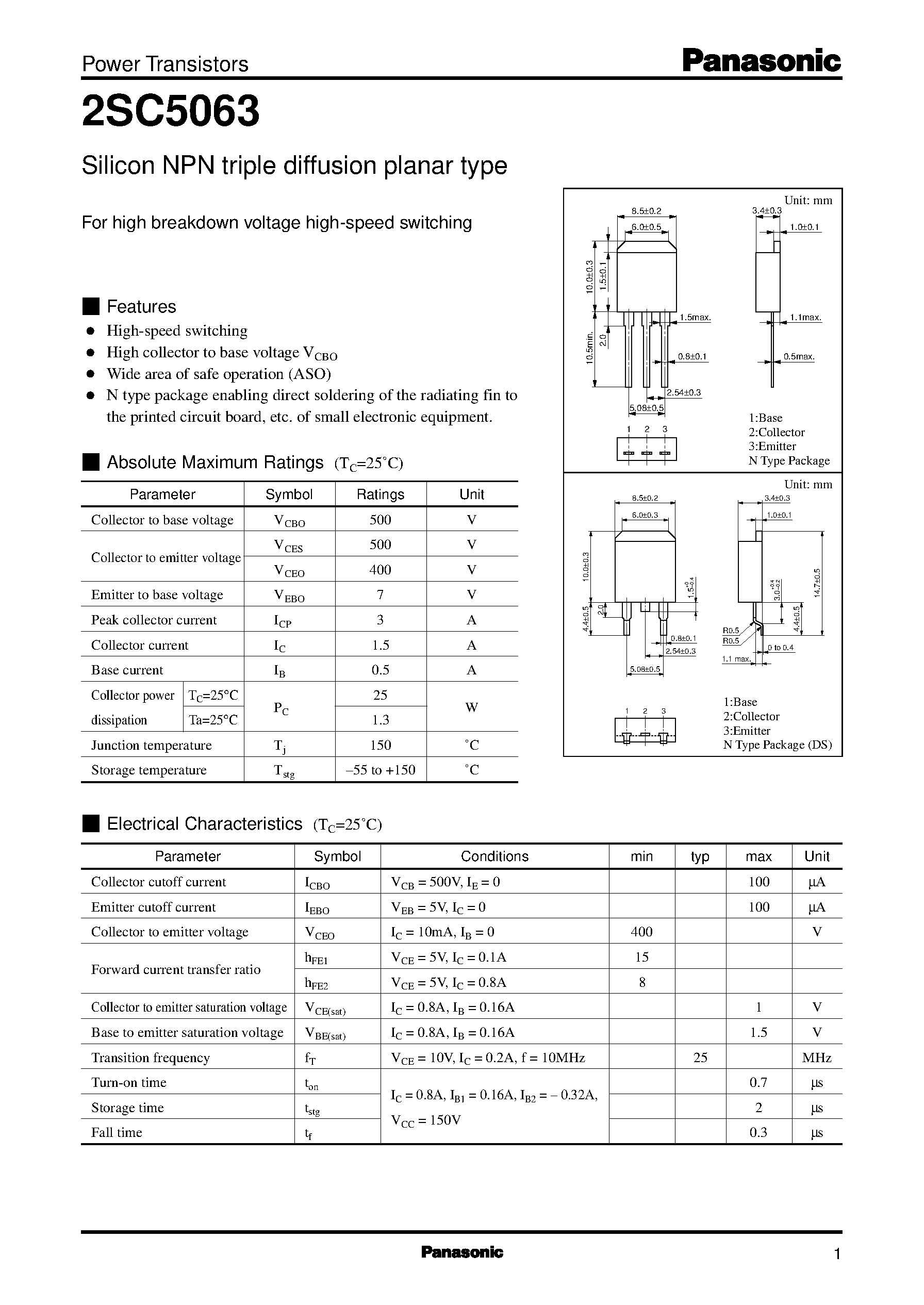 Даташит на микросхему 2SC5063 страница 1 Даташит 2SC5063 - Silicon NPN triple diffusion planar type(For high breakdown voltage high-speed switching) страница 1