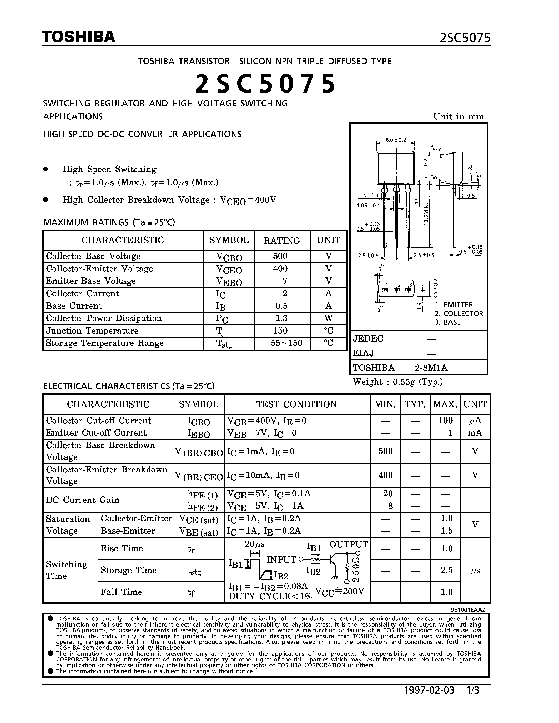 Даташит на микросхему 2SC5075 страница 1 Даташит 2SC5075 - NPN TRIPLE DIFFUSED TYPE (SWITCHING REGULATOR AND HIGH VOLTAGE SWITCHING/ HIGH SPEED DC-DC CONVERTER APPLICATIONS) страница 1