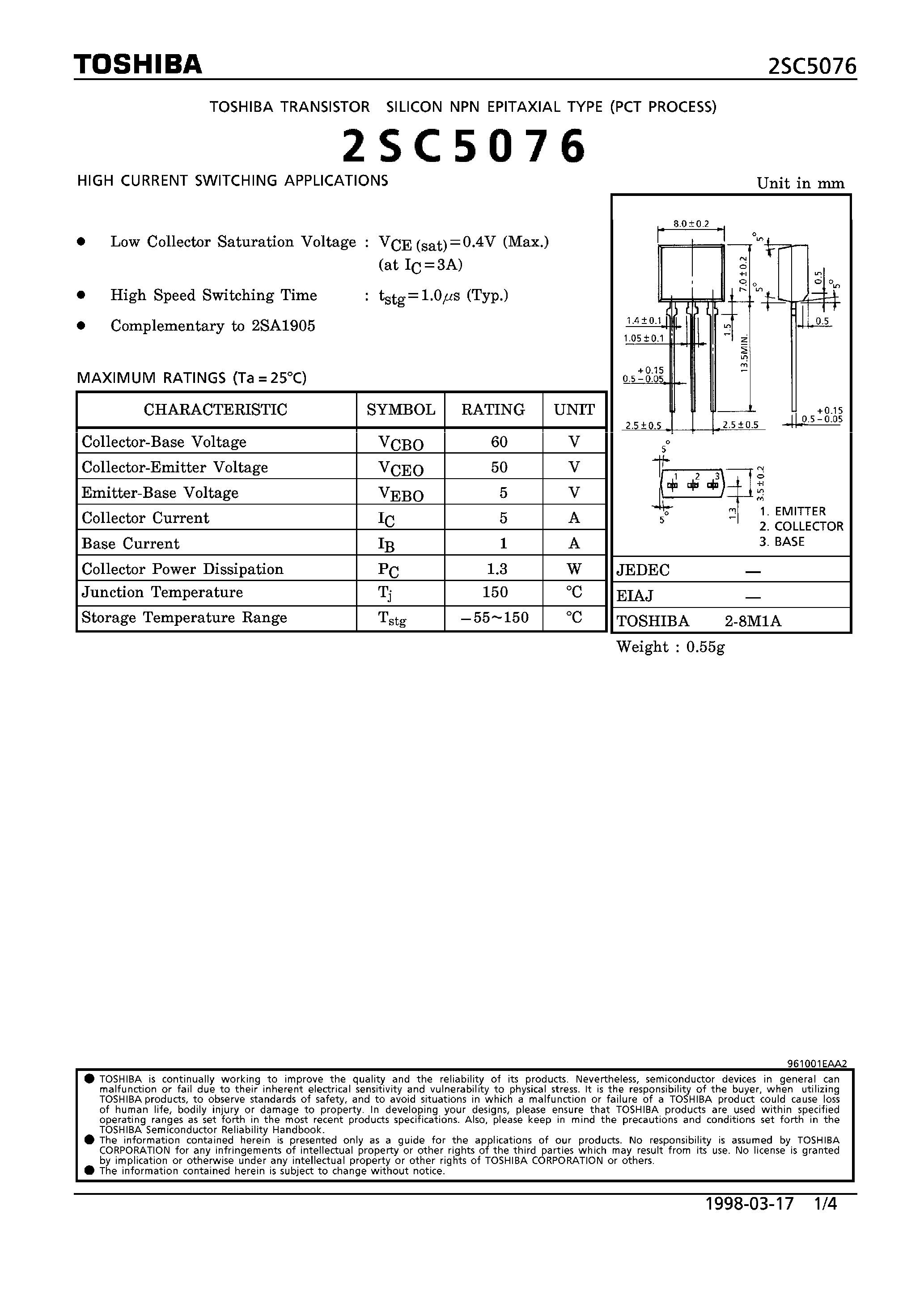 Даташит на микросхему 2SC5076 страница 1 Даташит 2SC5076 - NPN EPITAXIAL TYPE (HIGH CURRENT SWITCHING APPLICATIONS) страница 1