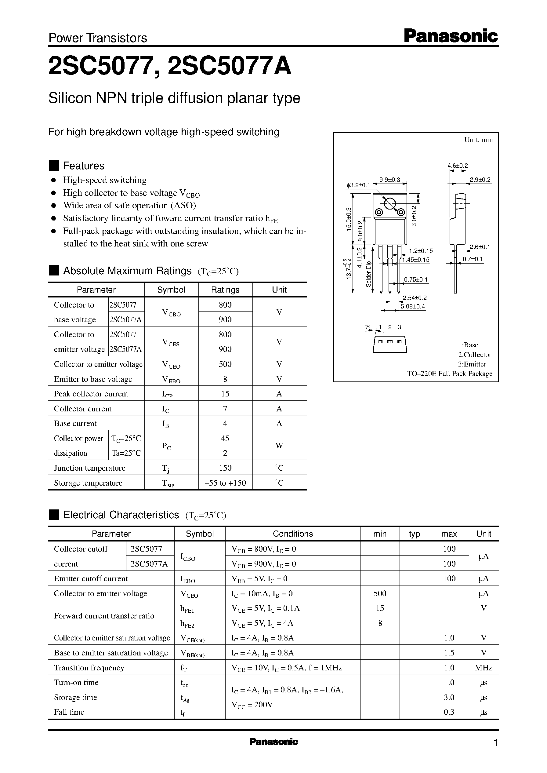 Даташит 2SC5077A - Silicon NPN triple diffusion planar type(For high breakdown voltage high-speed switching) страница 1