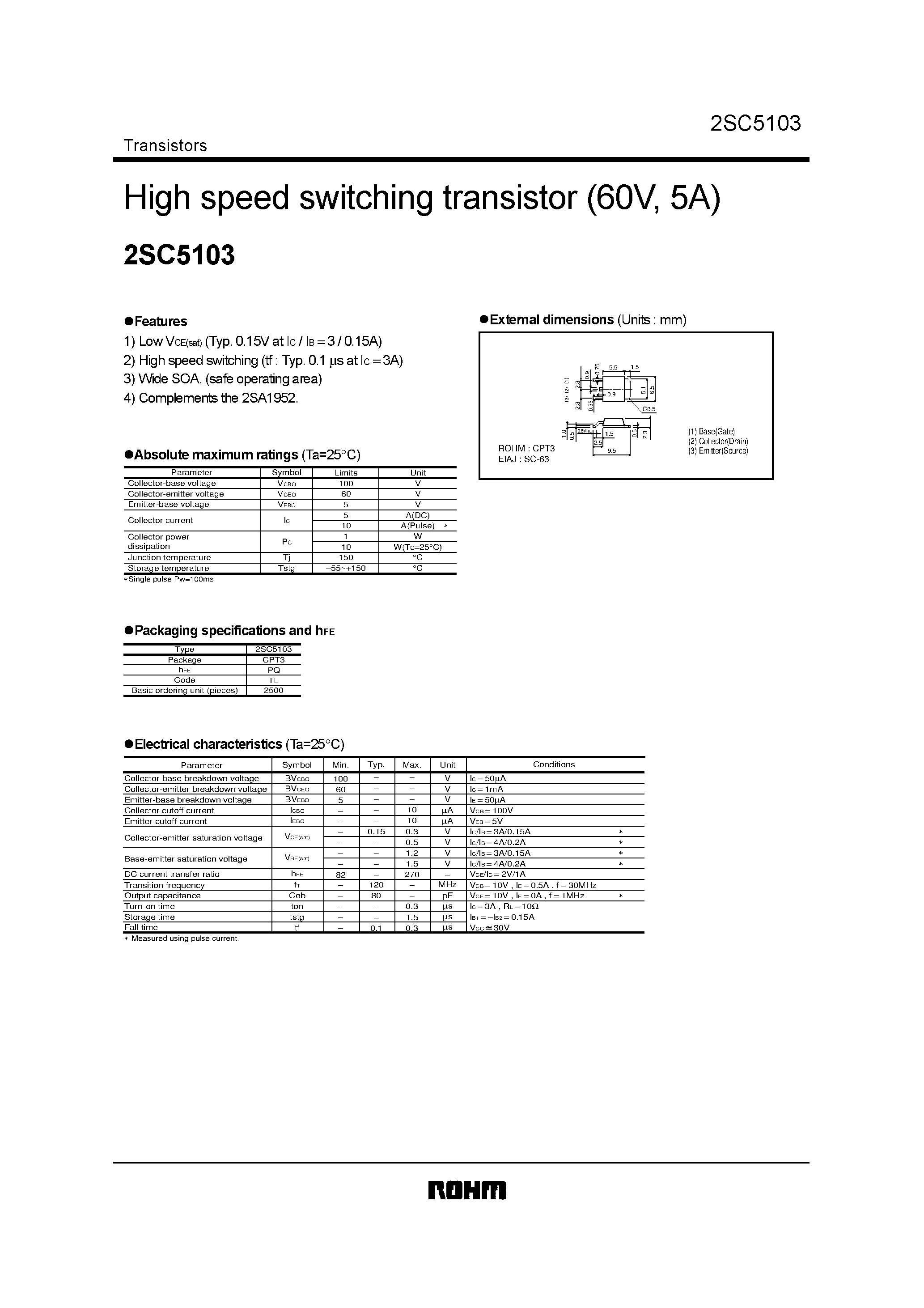 Даташит на микросхему 2SC5103 страница 1 Даташит 2SC5103 - High speed switching transistor (60V/ 5A) страница 1