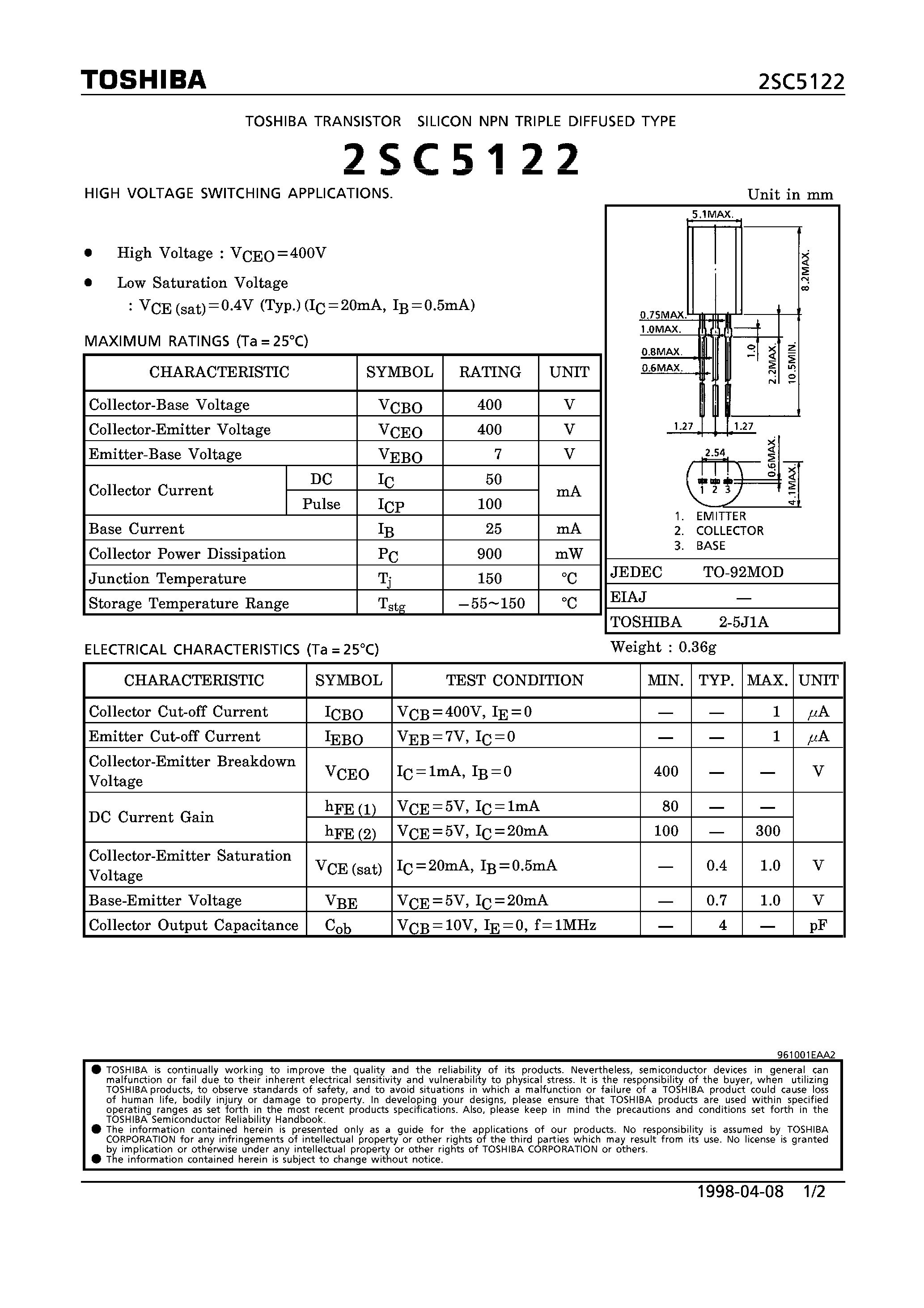 Даташит 2SC5122 - NPN TRIPLE DIFFUSED TYPE (HIGH VOLTAGE SWITCHING APPLICATIONS) страница 1