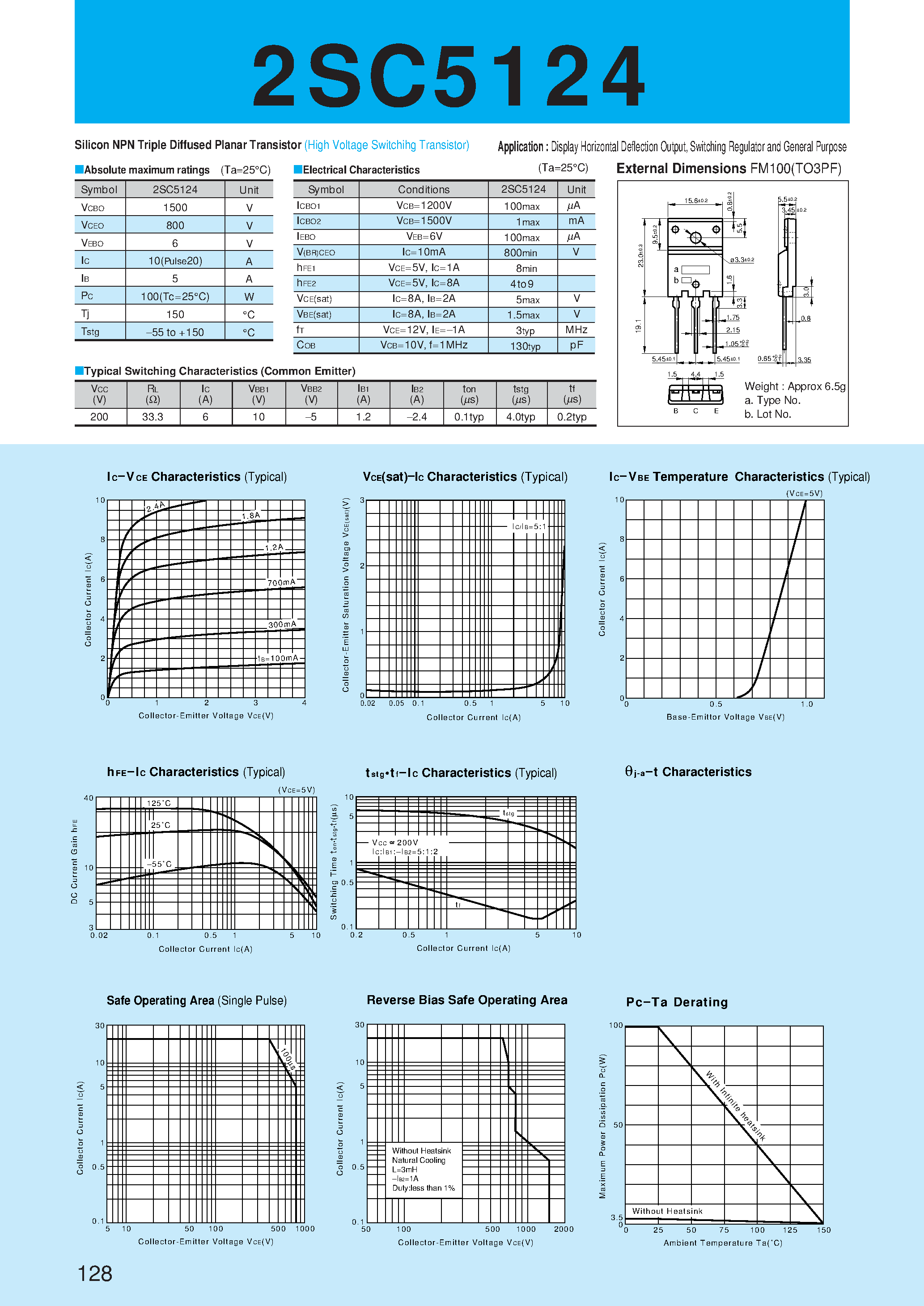 Даташит на микросхему 2SC5124 страница 1 Даташит 2SC5124 - Silicon NPN Triple Diffused Planar Transistor(Display Horizontal Deflection Output/ Switching Regulator and General Purpose) страница 1