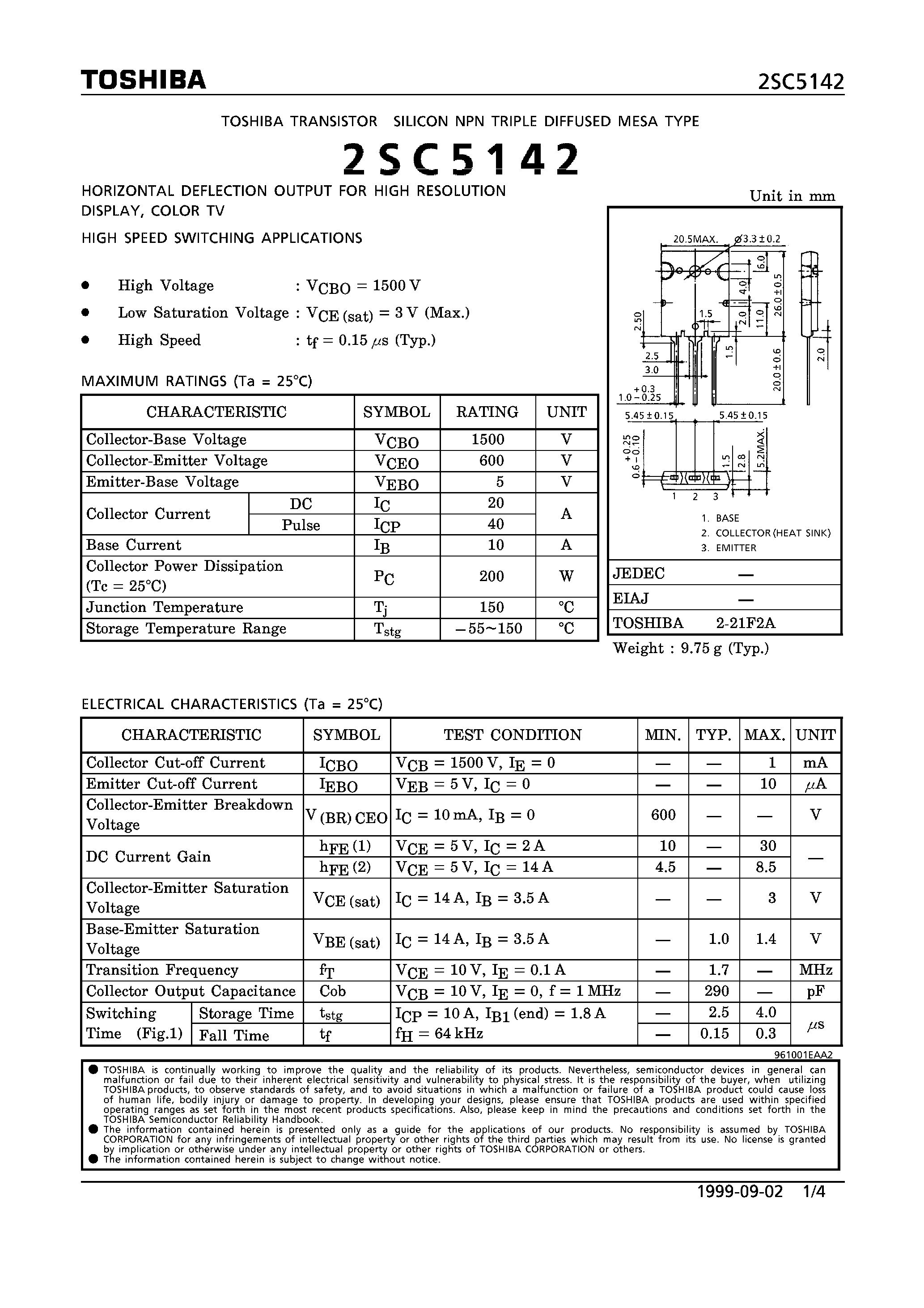 Даташит на микросхему 2SC5142 страница 1 Даташит 2SC5142 - NPN TRIPLE DIFFUSED MESA TYPE (HORIZONTAL DEFLECTION OUTPUT FOR HIGH RESOLUTION DISPLAY/ COLOR TV HIGH SPEED SWITCHING APPLICATIONS) страница 1