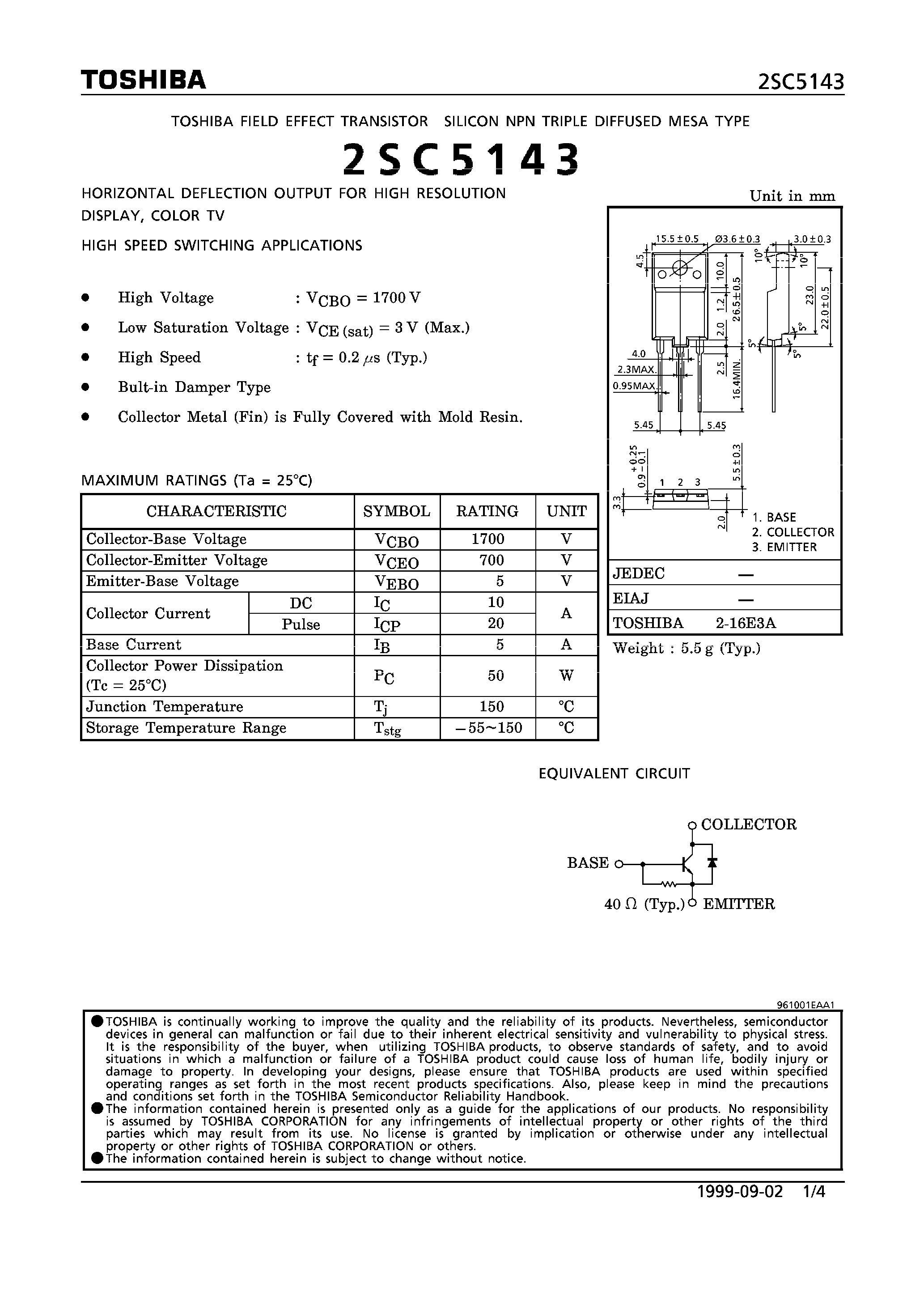 Даташит на микросхему 2SC5143 страница 1 Даташит 2SC5143 - NPN TRIPLE DIFFUSED MESA TYPE (HORIZONTAL DEFLECTION OUTPUT FOR HIGH RESOLUTION DISPLAY/ COLOR TV. HIGH SPEED SWITCHING APPLICATIONS) страница 1