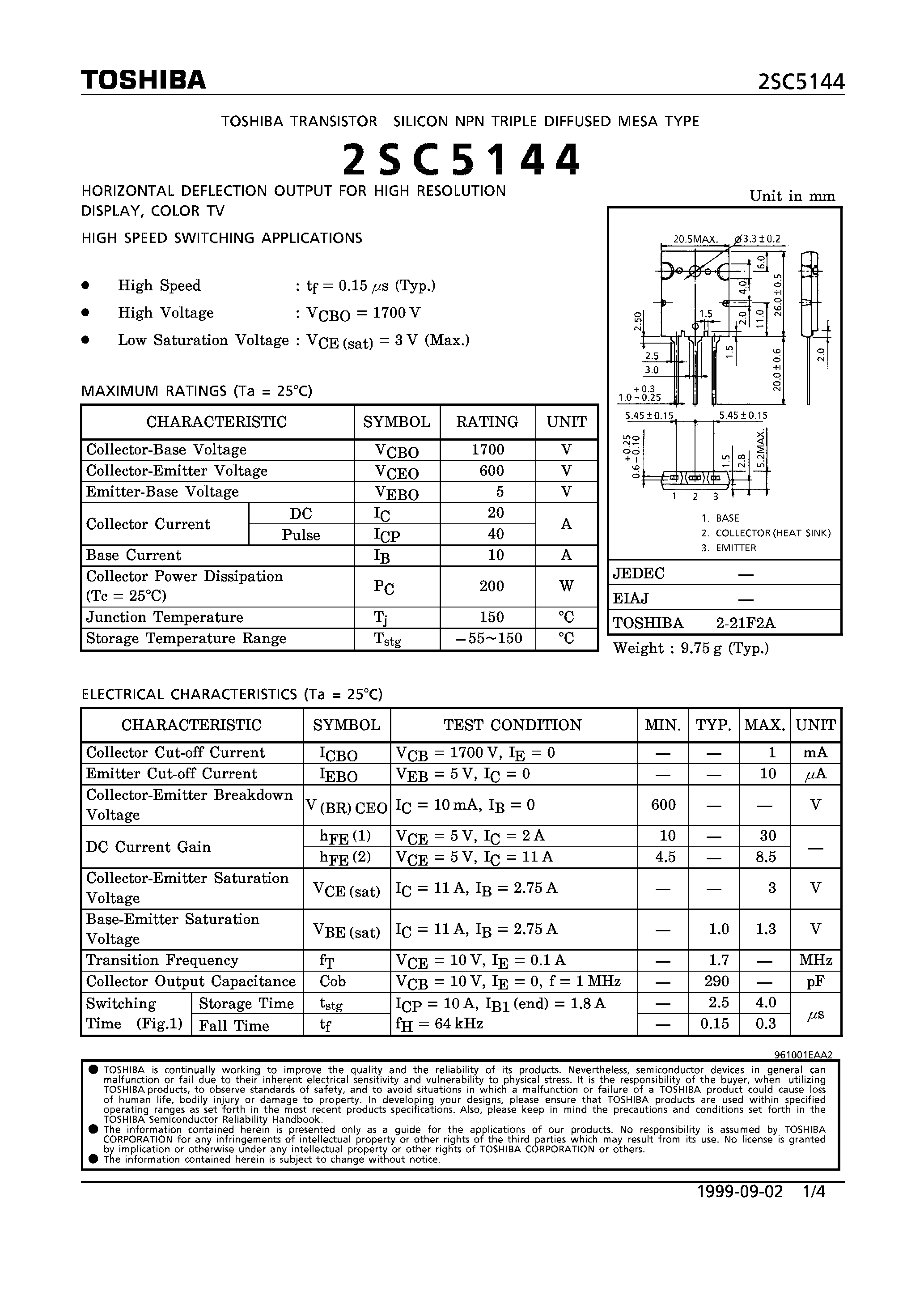 Даташит на микросхему 2SC5144 страница 1 Даташит 2SC5144 - NPN TRIPLE DIFFUSED MESA TYPE (HORIZONTAL DEFLECTION OUTPUT FOR HIGH RESOULTION DISPLAY/ COLOR TV HIGH SPEED SWITCHING APPLICATIONS) страница 1