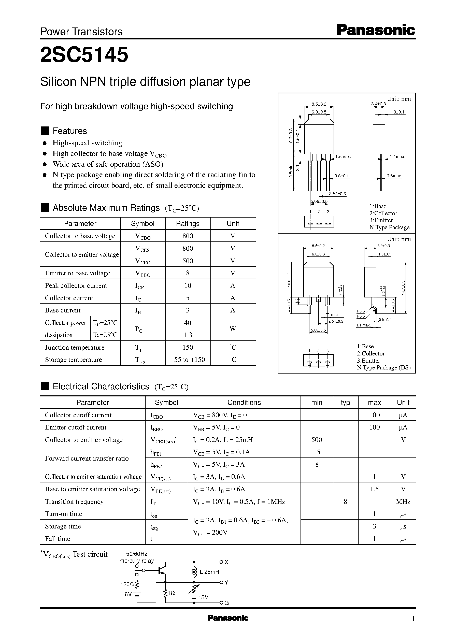 Даташит на микросхему 2SC5145 страница 1 Даташит 2SC5145 - Silicon NPN triple diffusion planar type(For high breakdown voltage high-speed switching) страница 1
