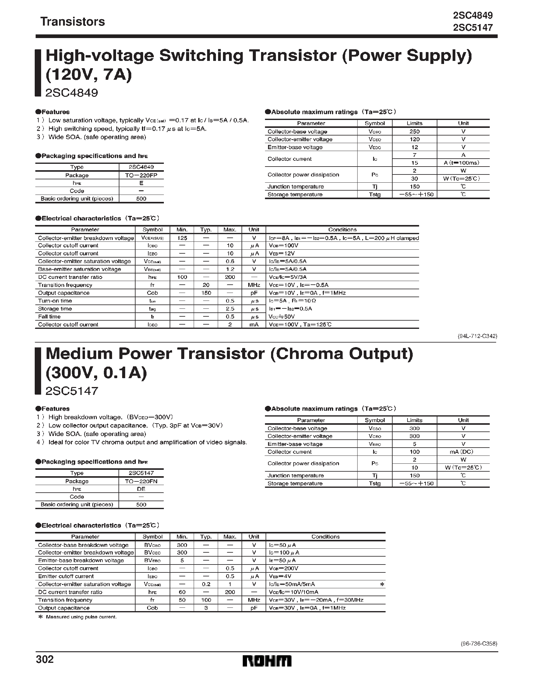 Даташит на микросхему 2SC5147 страница 1 Даташит 2SC5147 - HIGH-VOLTAGE SWITCHING TRANSISTOR (POWER SUPPLY) ( 120V/ 7A) страница 1