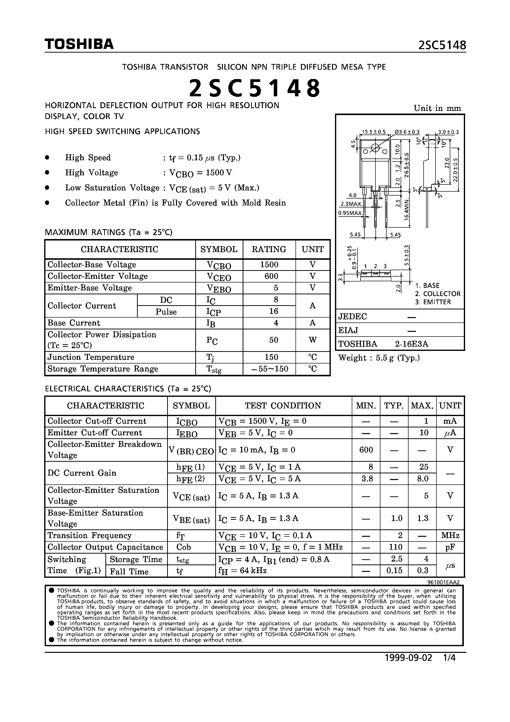 Даташит на микросхему 2SC5148 страница 1 Даташит 2SC5148 - NPN TRIPLE DIFFUSED MESA TYPE (DISPLAY/ COLOR TV HIGH SPEED SWITCHING APPLICATIONS) страница 1