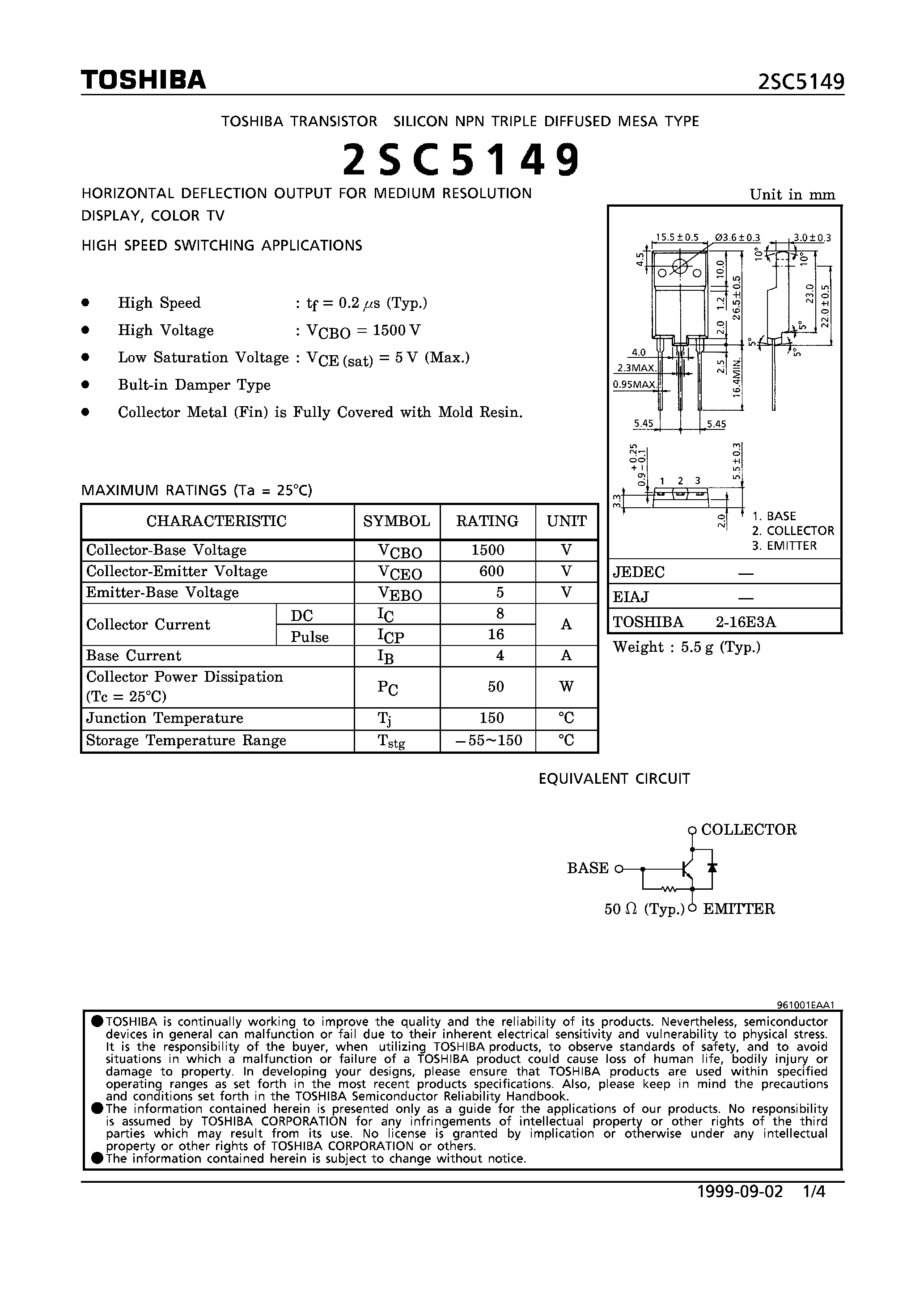 Даташит на микросхему 2SC5149 страница 1 Даташит 2SC5149 - NPN TRIPLE DIFFUSED MESA TYPE (HORIZONTAL DEFLECTION OUTPUT FOR MEDIUM RESOLUTION DISPLAY/ COLOR TV. HIGH SPEED SWITCHING APPLICATIONS) страница 1