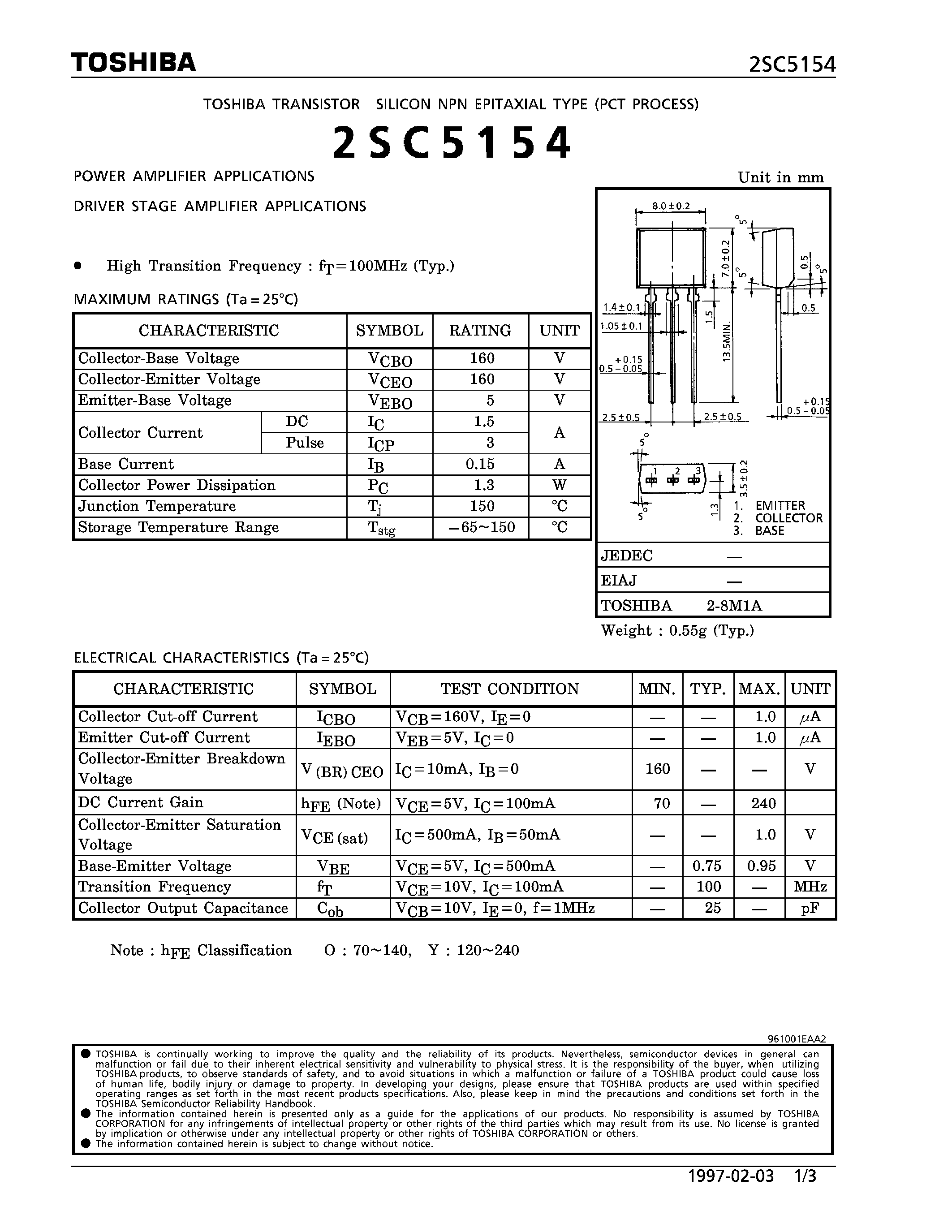 Datasheet 2SC5154 - NPN EPITAXIAL TYPE (POWER/ DRIVER STAGE AMPLIFIER APPLICATIONS page 1