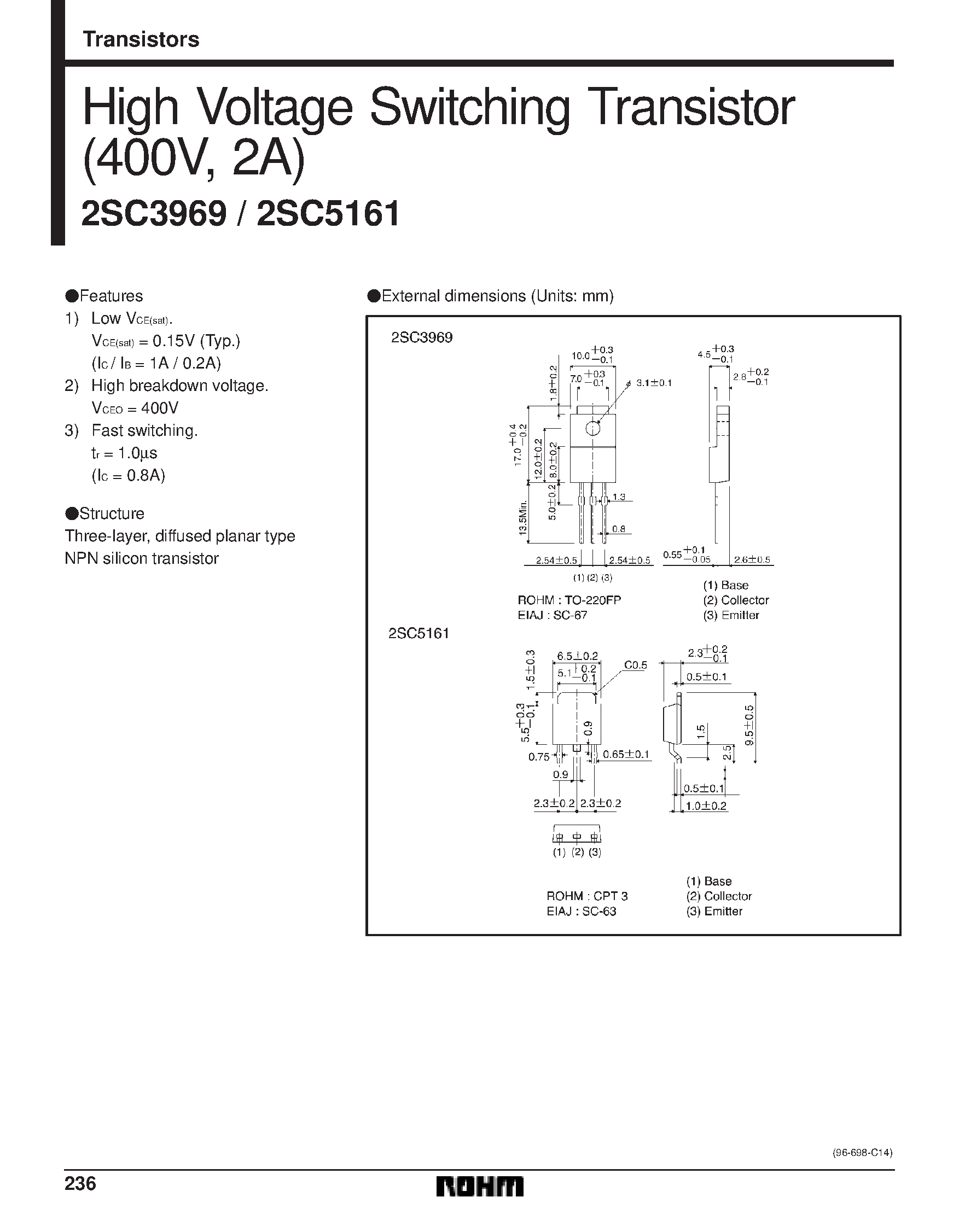 Даташит на микросхему 2SC5161 страница 1 Даташит 2SC5161 - High Voltage Switching Transistor(400V/ 2A) страница 1