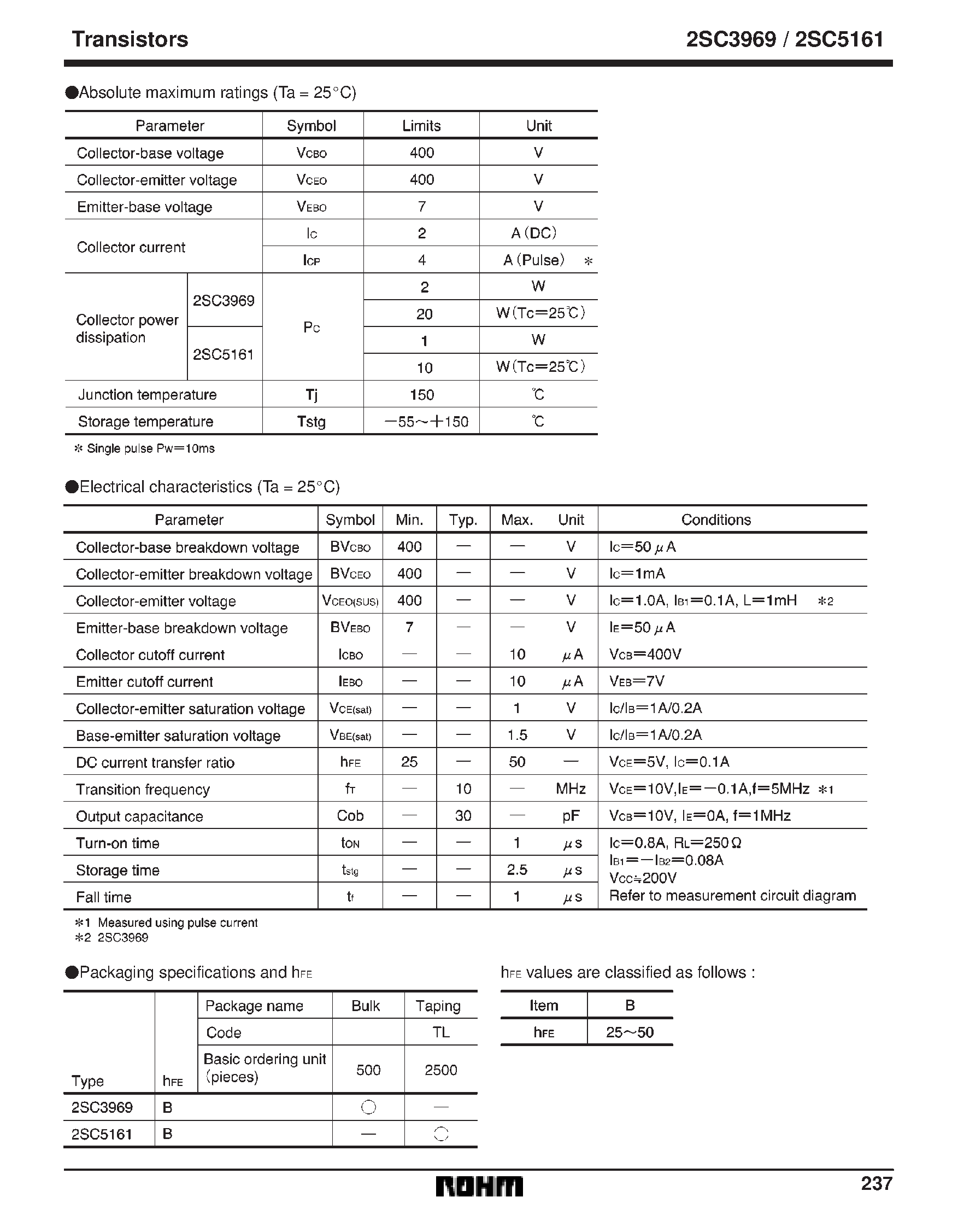 Даташит на микросхему 2SC5161 страница 2 Даташит 2SC5161 - High Voltage Switching Transistor(400V/ 2A) страница 2