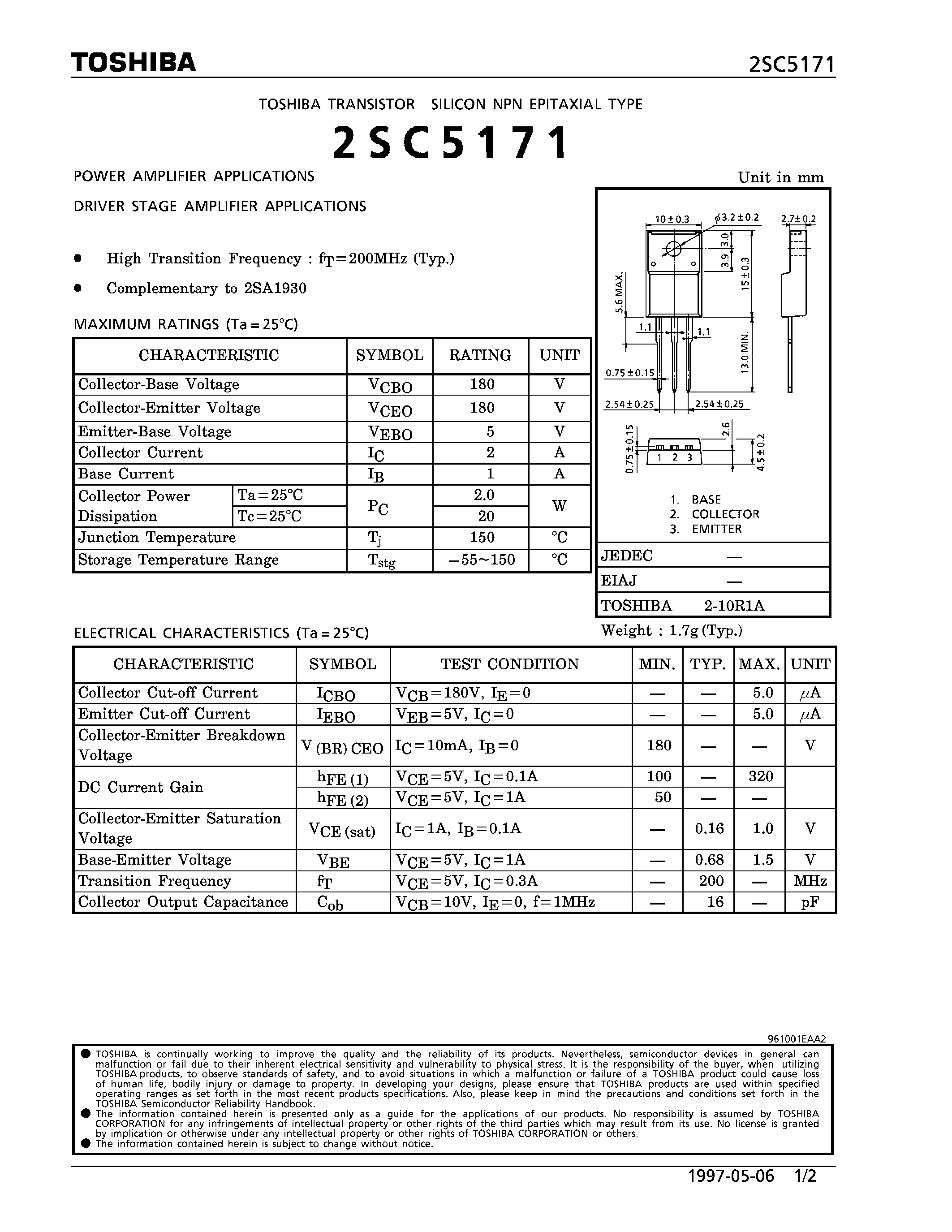 Datasheet 2SC5171 - NPN EPITAXIAL TYPE (POWER/ DRIVER STAGE AMPLIFIER APPLICATIONS) page 1