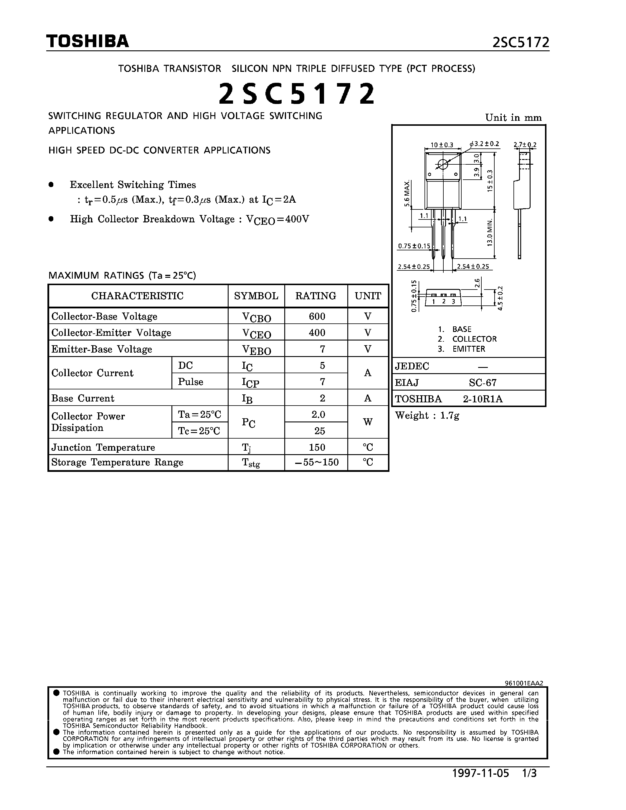 Даташит на микросхему 2SC5172 страница 1 Даташит 2SC5172 - NPN TRIPLE DIFFUSED TYPE (SWITCHING REGULATOR AND HIGH VOLTAGE SWITCHING/ HIGH SPEED DC-DC CONVERTER APPLICATIONS) страница 1