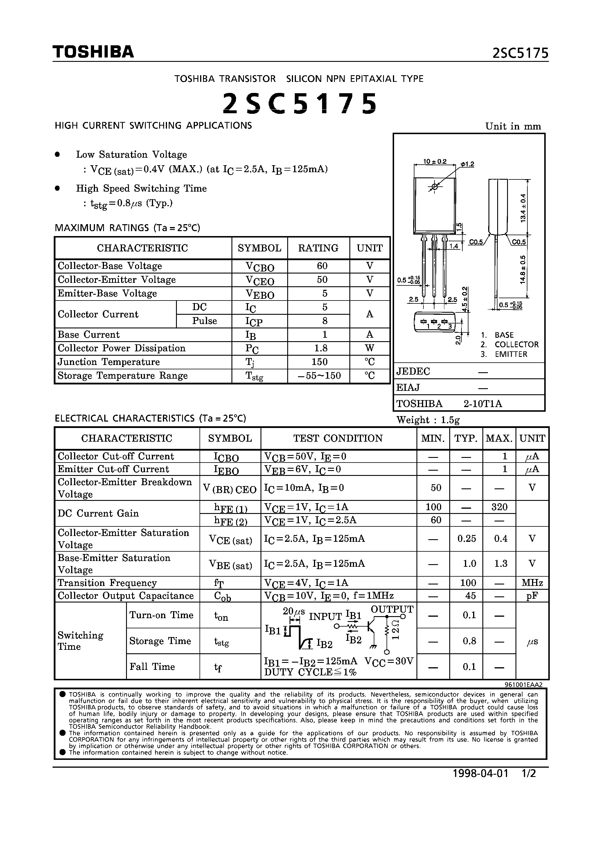 Даташит на микросхему 2SC5175 страница 1 Даташит 2SC5175 - NPN EPITAXIAL TYPE (HIHG CURRENT SWITCHING APPLICATIONS) страница 1