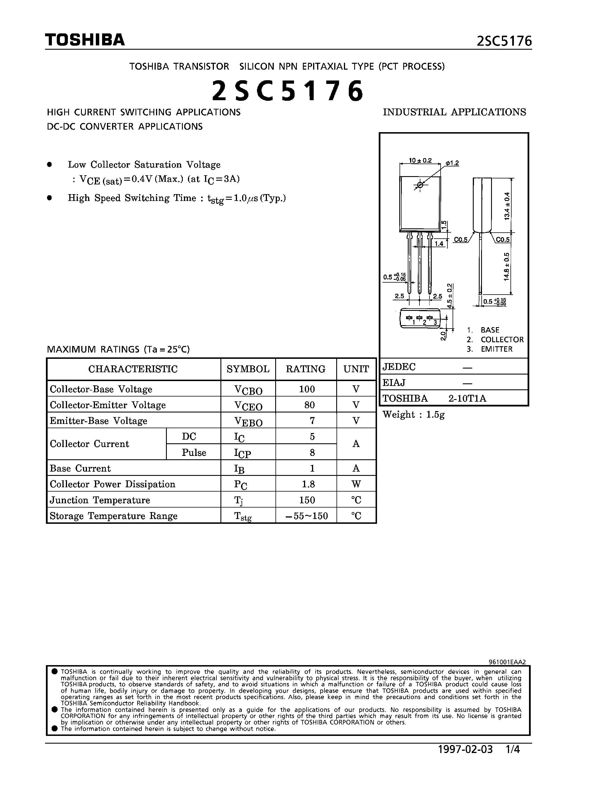 Даташит на микросхему 2SC5176 страница 1 Даташит 2SC5176 - NPN EPITAXIAL TYPE (HIGH CURRENT SWITCHING/ DC-DC CONVERTER APPLICATIONS) страница 1