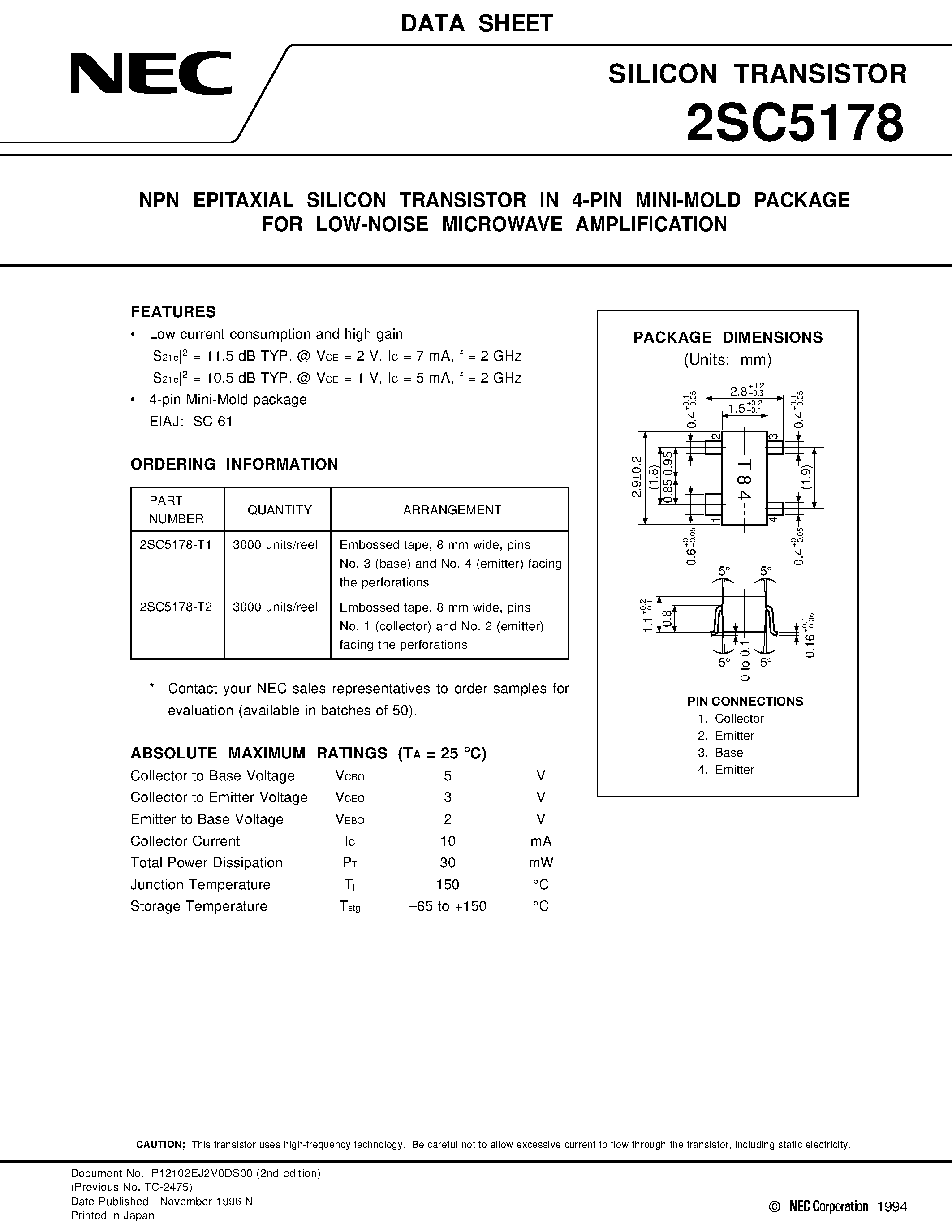 Datasheet 2SC5178 - NPN EPITAXIAL SILICON TRANSISTOR IN 4-PIN MINI-MOLD PACKAGE FOR LOW-NOISE MICROWAVE AMPLIFICATION page 1