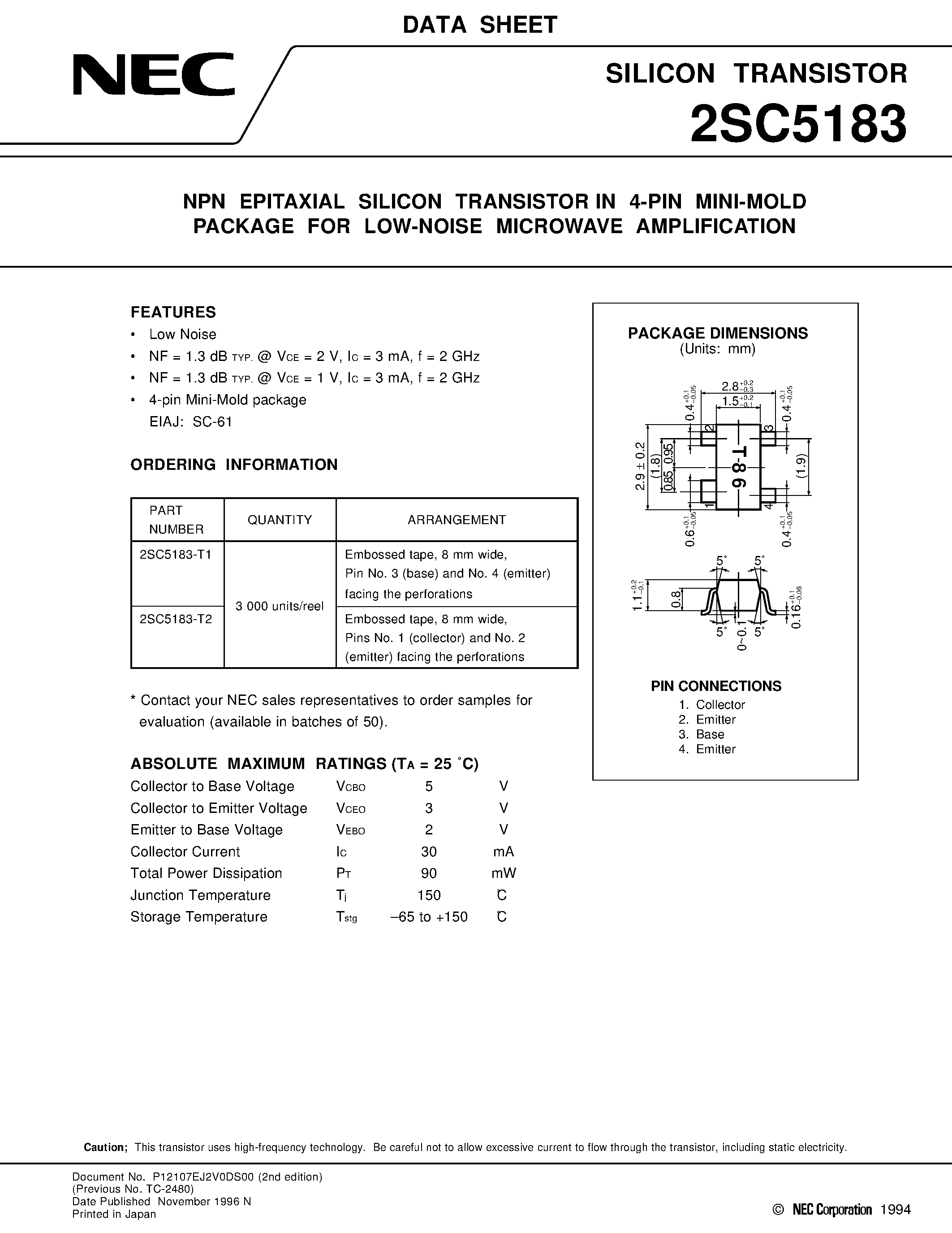 Datasheet 2SC5183 - NPN EPITAXIAL SILICON TRANSISTOR IN 4-PIN MINI-MOLD PACKAGE FOR LOW-NOISE MICROWAVE AMPLIFICATION page 1
